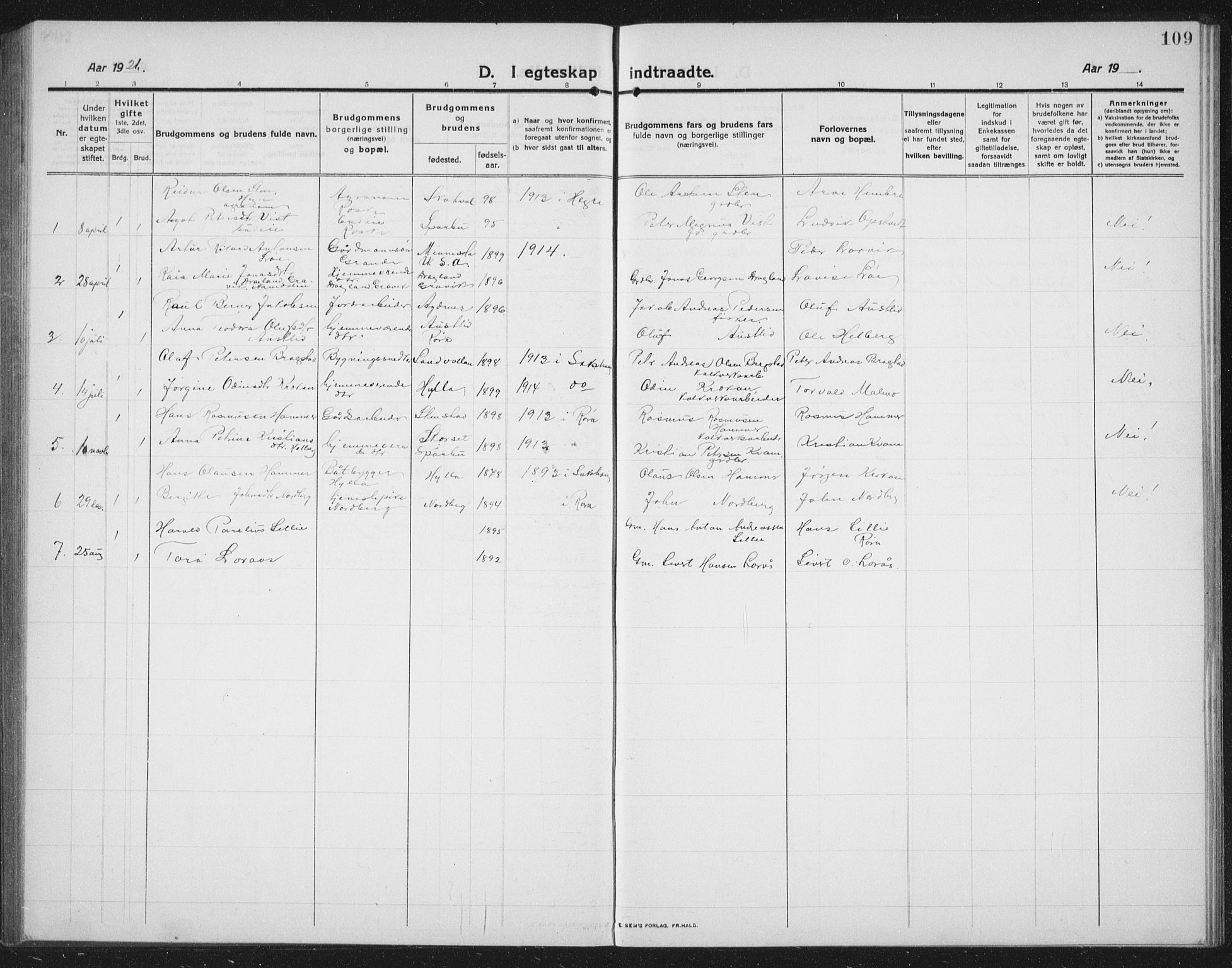 Ministerialprotokoller, klokkerbøker og fødselsregistre - Nord-Trøndelag, SAT/A-1458/731/L0312: Parish register (copy) no. 731C03, 1911-1935, p. 109