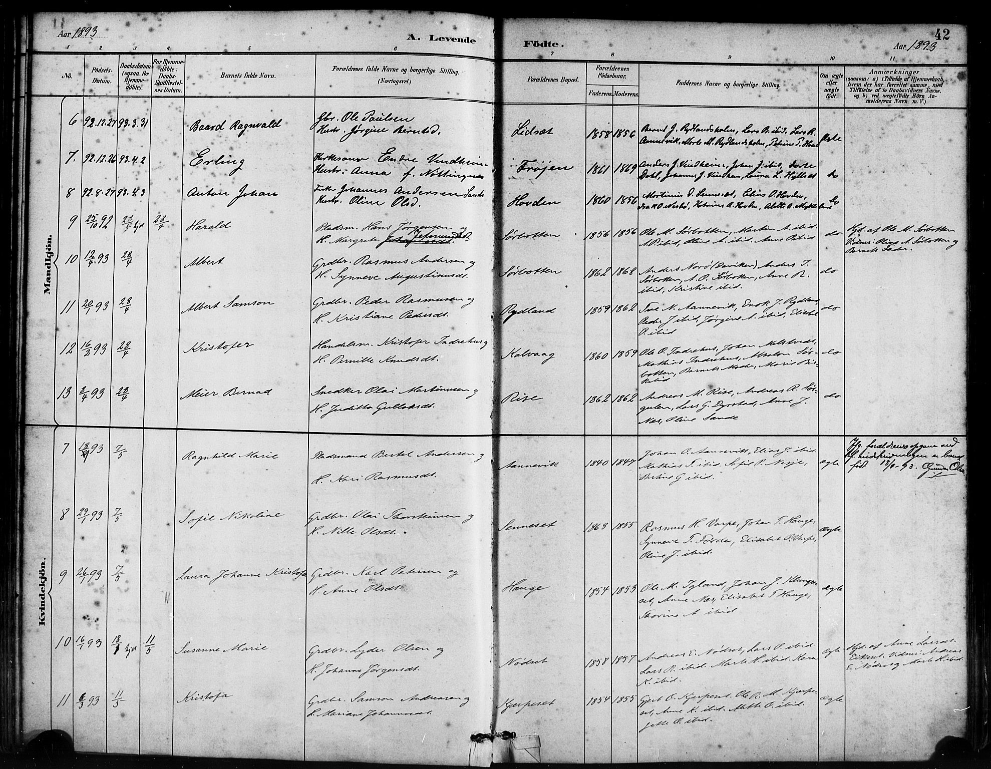 Bremanger sokneprestembete, AV/SAB-A-82201/H/Haa/Haab/L0001: Parish register (official) no. B 1, 1884-1895, p. 42