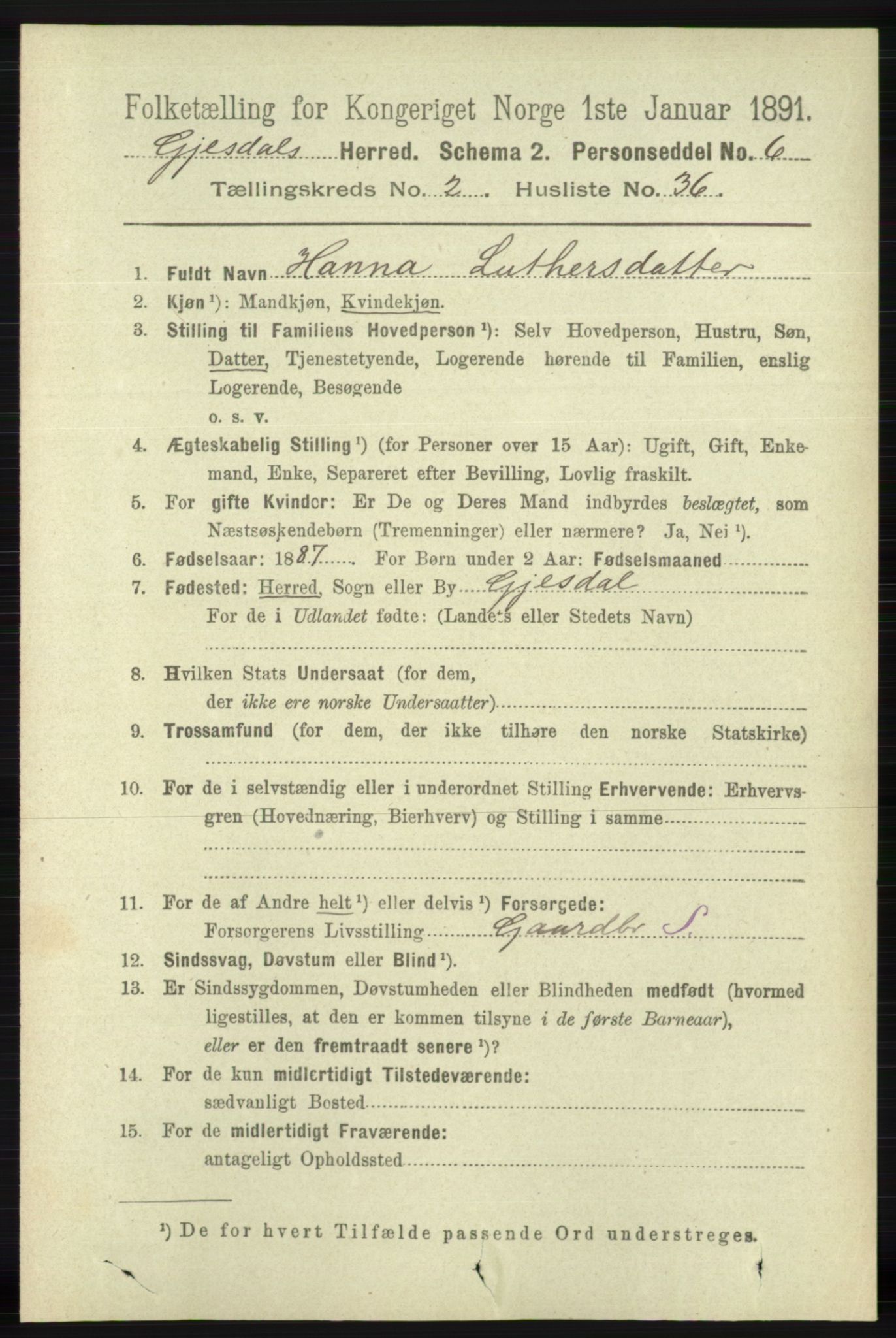 RA, 1891 census for 1122 Gjesdal, 1891, p. 675