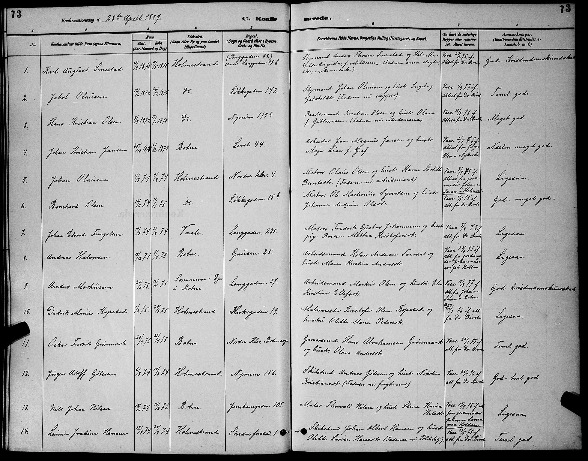 Holmestrand kirkebøker, AV/SAKO-A-346/G/Ga/L0005: Parish register (copy) no. 5, 1889-1901, p. 73