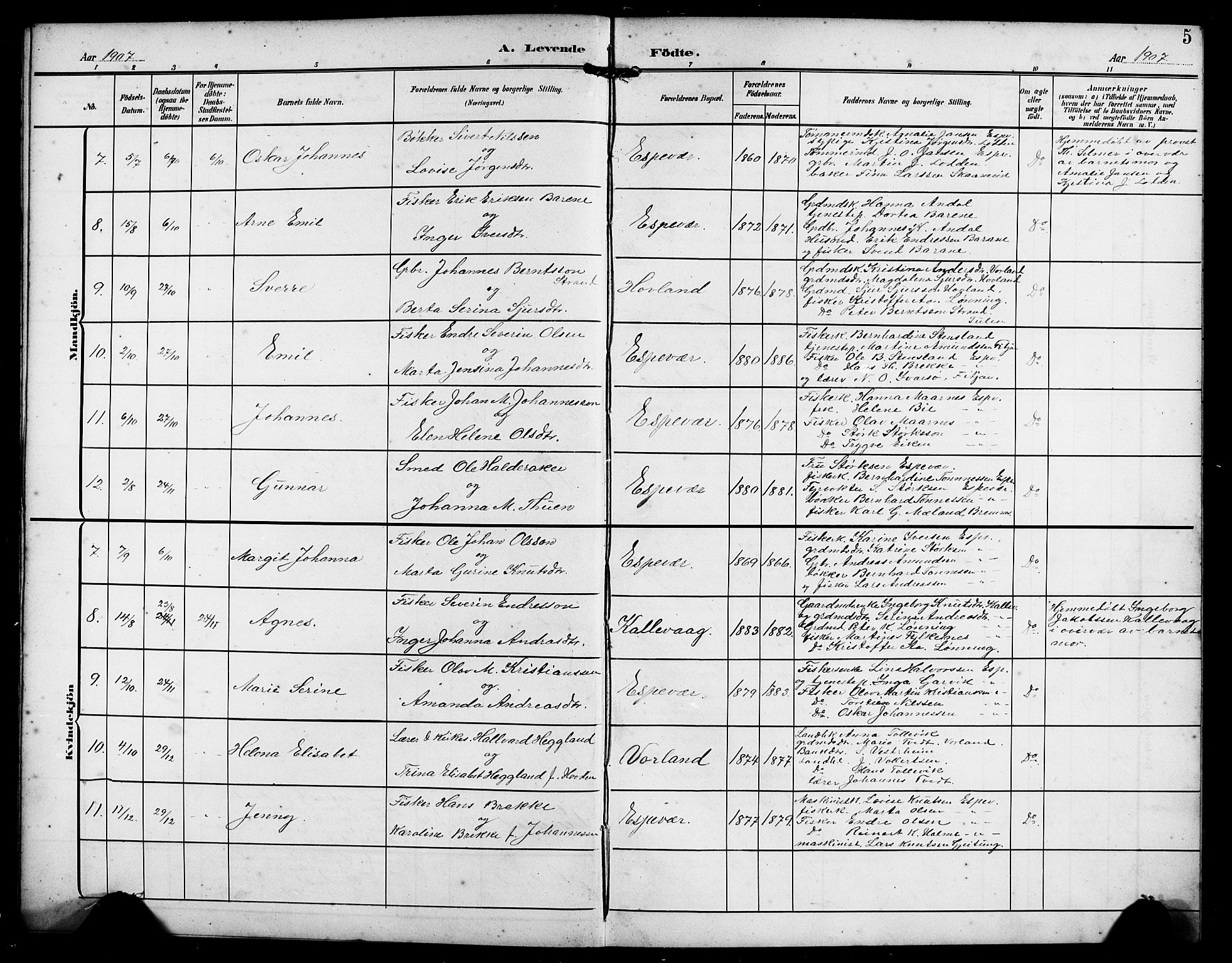 Finnås sokneprestembete, AV/SAB-A-99925/H/Ha/Hab/Habc/L0003: Parish register (copy) no. C 3, 1907-1917, p. 5