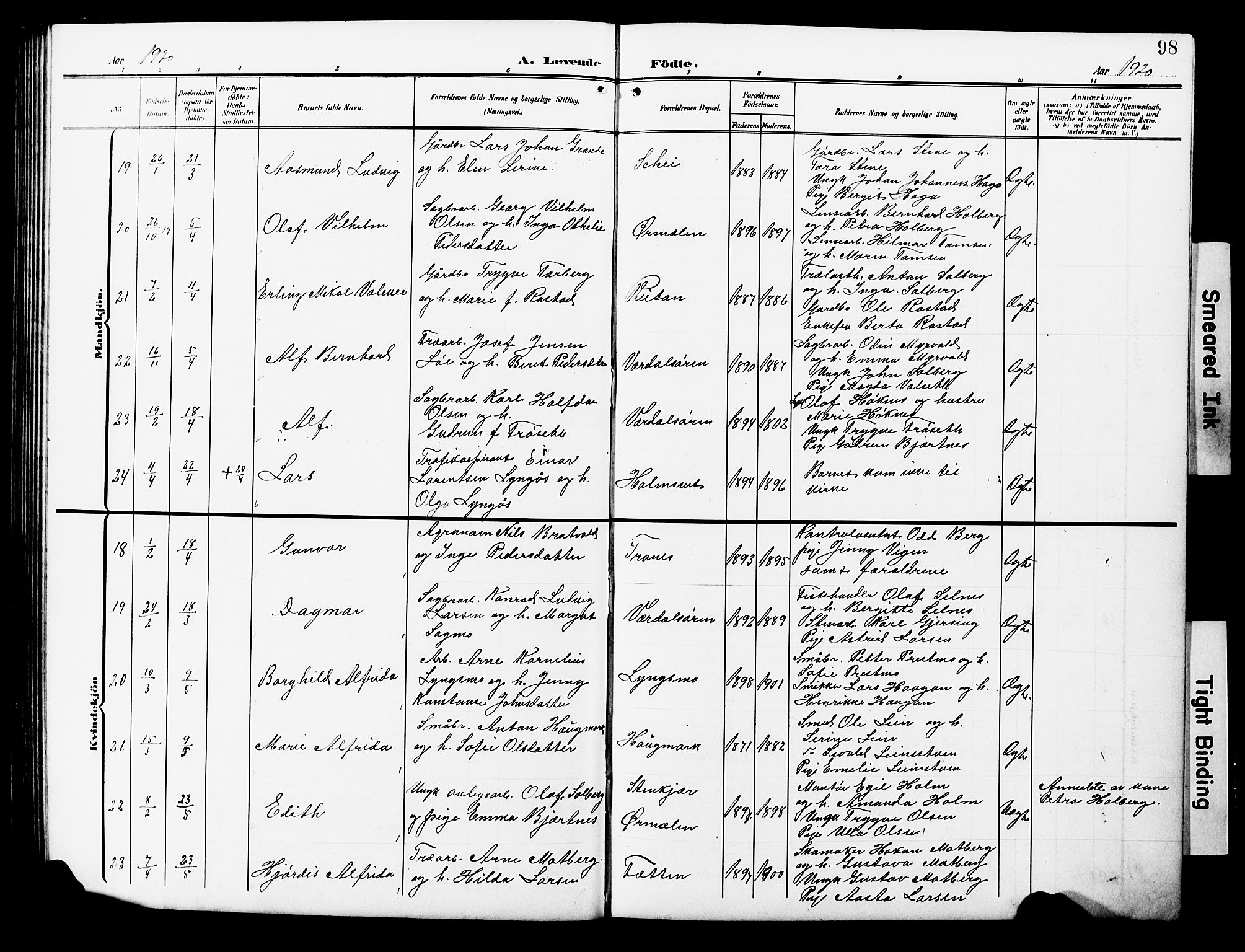Ministerialprotokoller, klokkerbøker og fødselsregistre - Nord-Trøndelag, AV/SAT-A-1458/723/L0258: Parish register (copy) no. 723C06, 1908-1927, p. 98