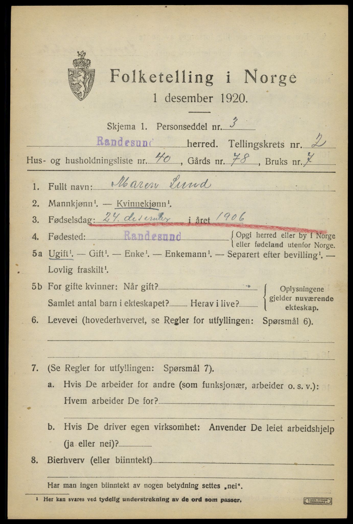 SAK, 1920 census for Randesund, 1920, p. 1430