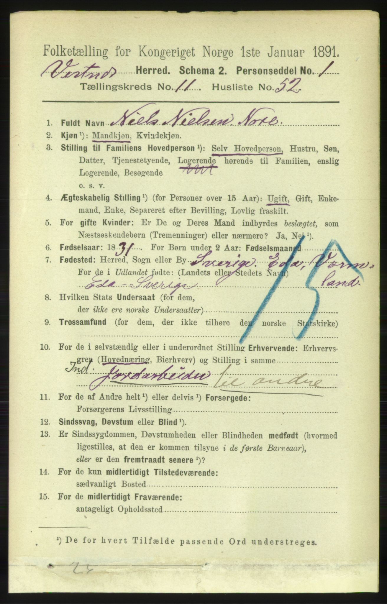 RA, 1891 census for 1535 Vestnes, 1891, p. 4228