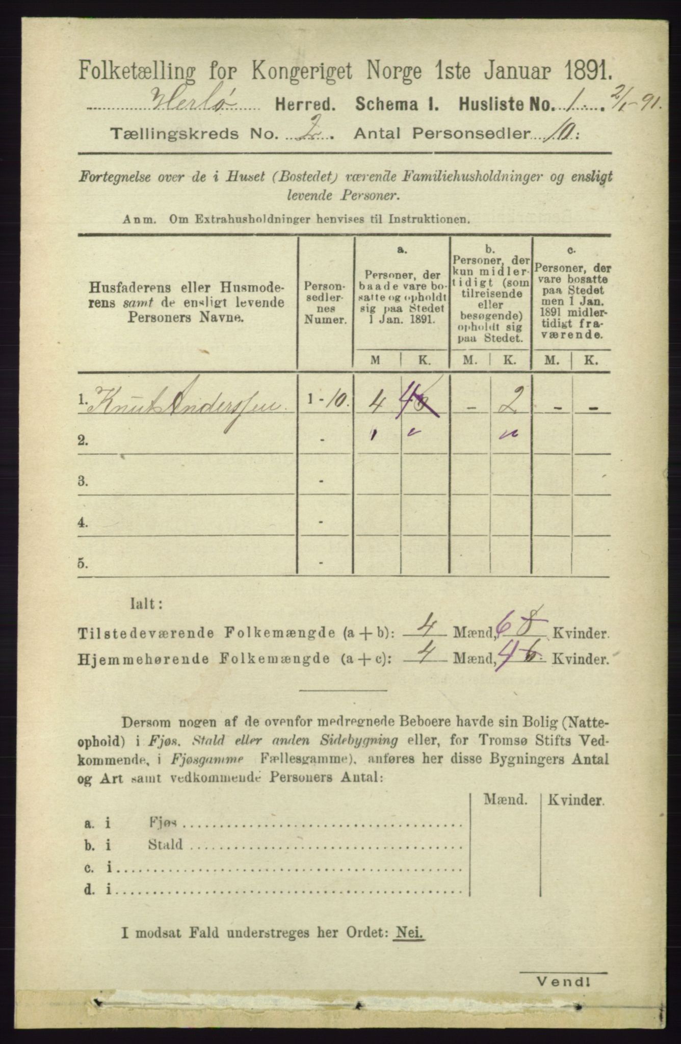 RA, 1891 census for 1258 Herdla, 1891, p. 460