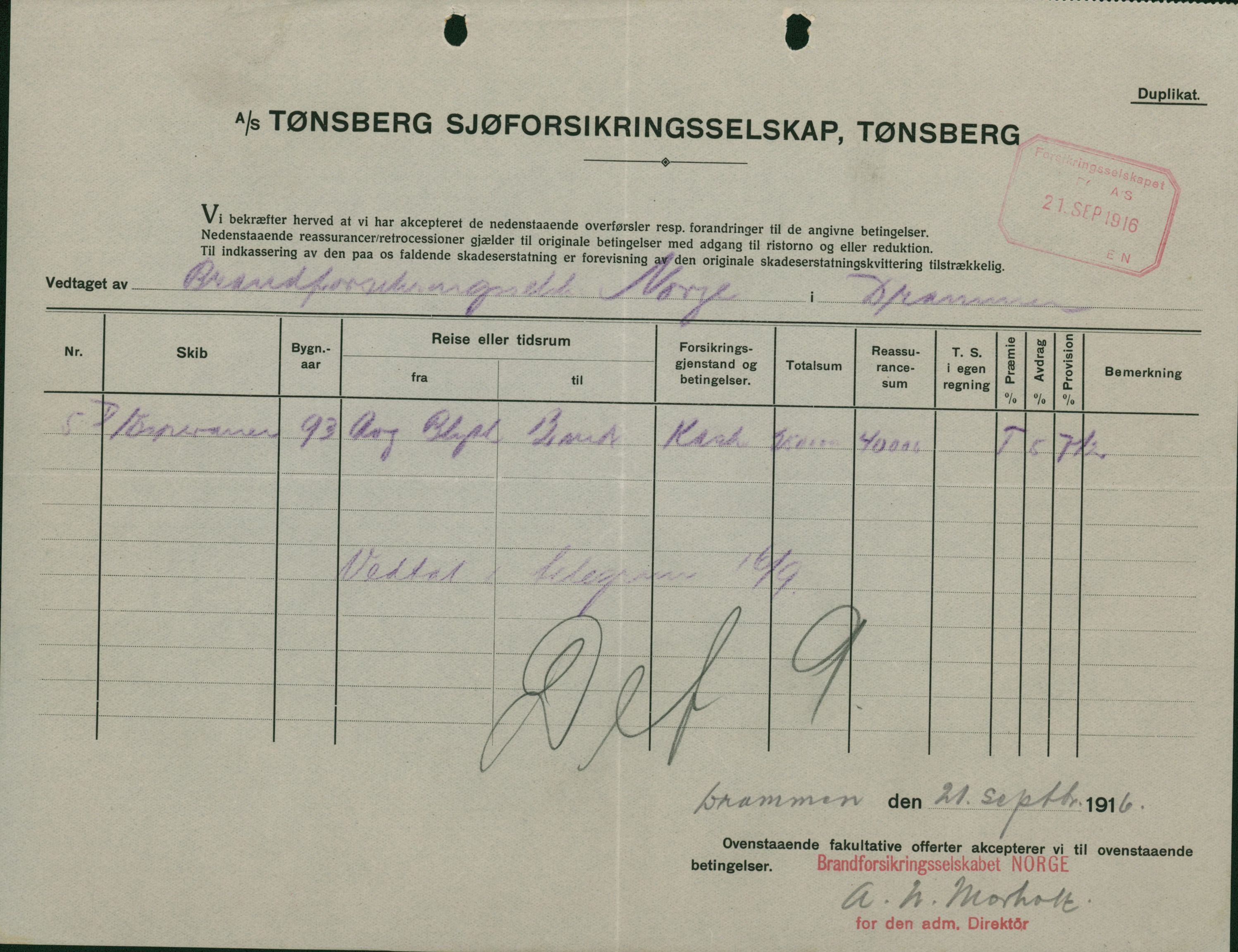 Pa 664 - Tønsberg Sjøforsikringsselskap, VEMU/A-1773/F/L0001: Forsikringspoliser, 1915-1918