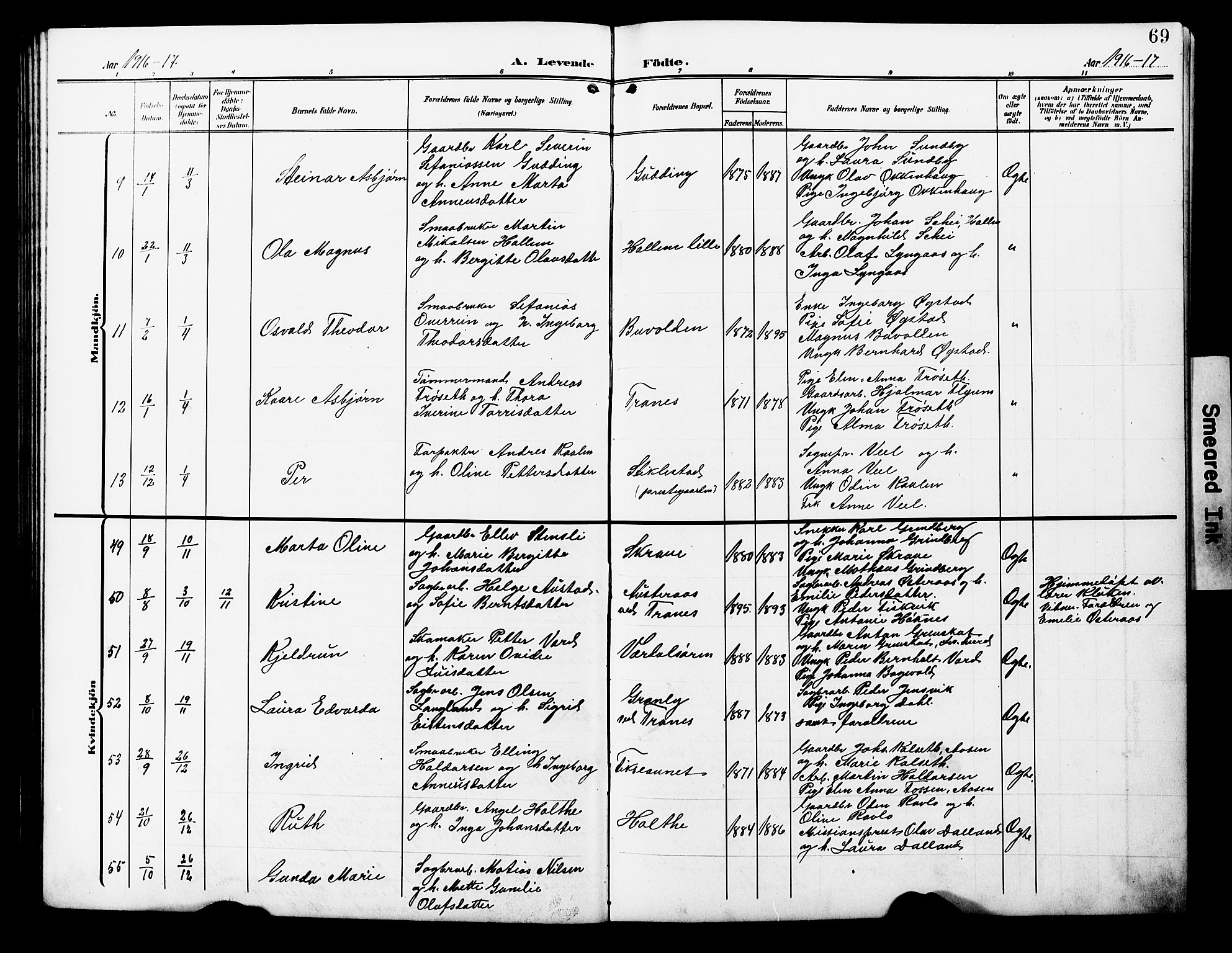 Ministerialprotokoller, klokkerbøker og fødselsregistre - Nord-Trøndelag, AV/SAT-A-1458/723/L0258: Parish register (copy) no. 723C06, 1908-1927, p. 69