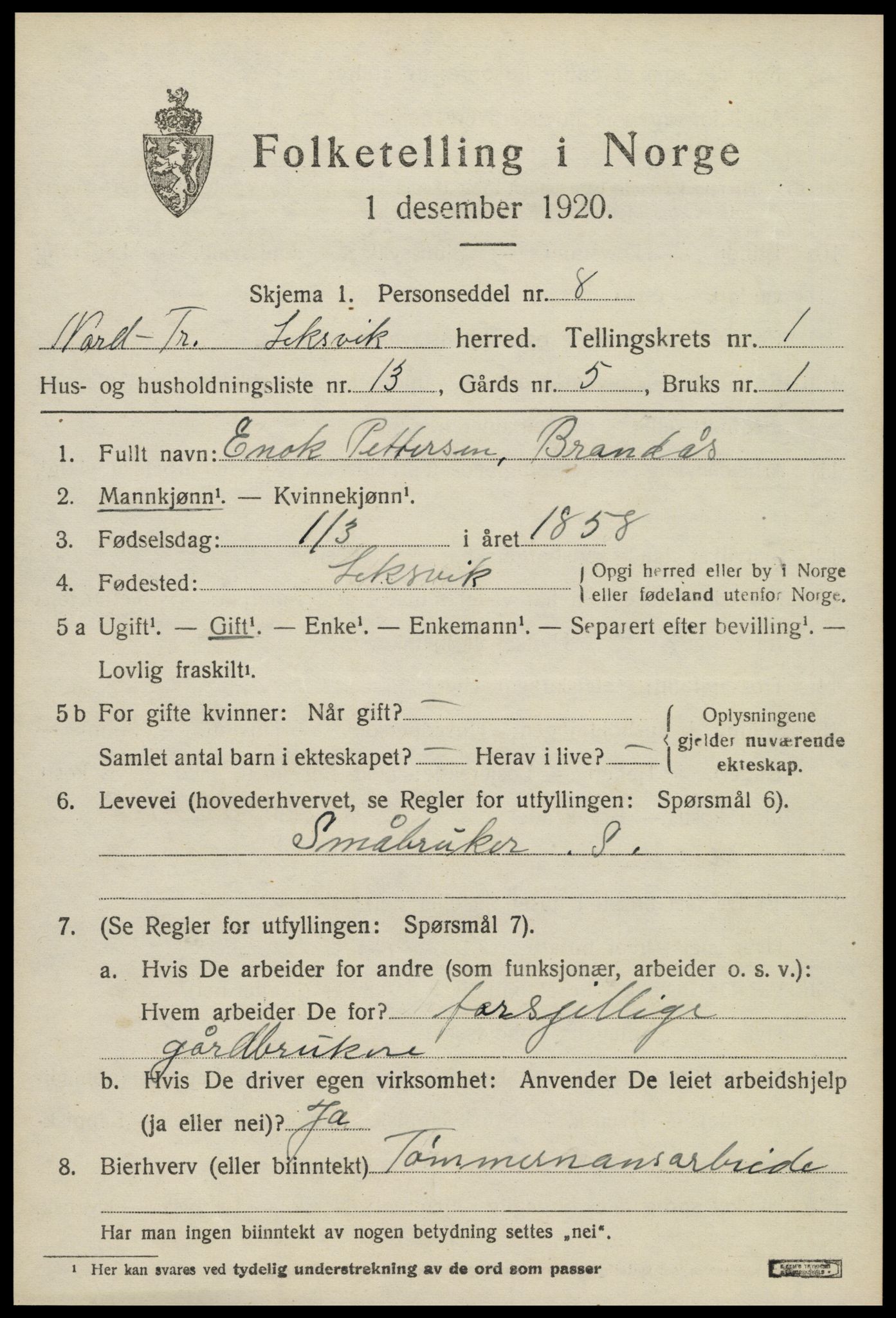 SAT, 1920 census for Leksvik, 1920, p. 1296