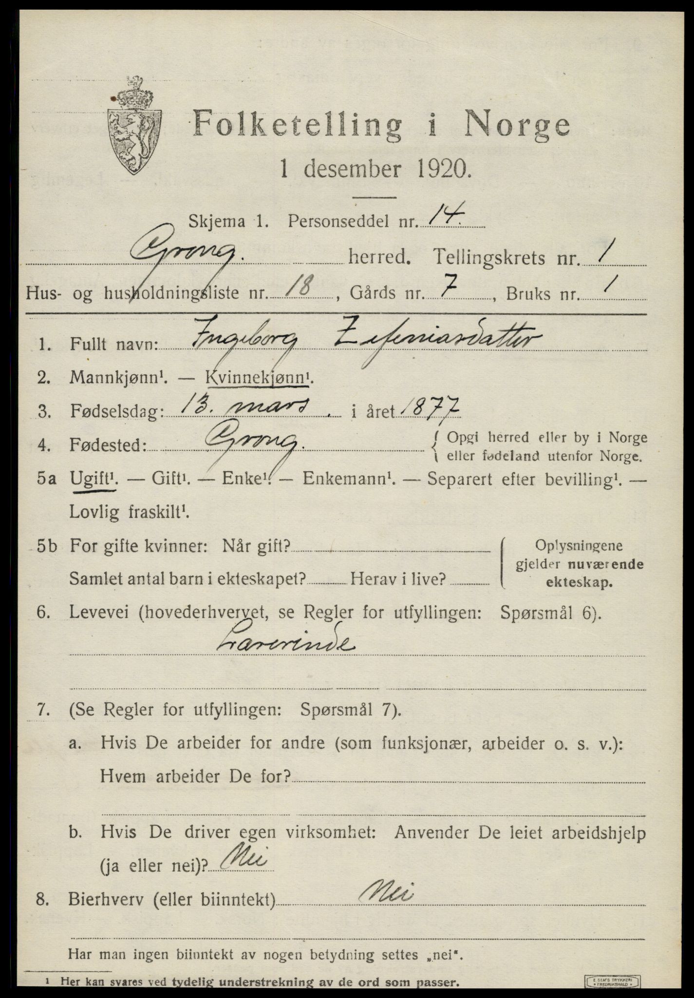 SAT, 1920 census for Grong, 1920, p. 1273