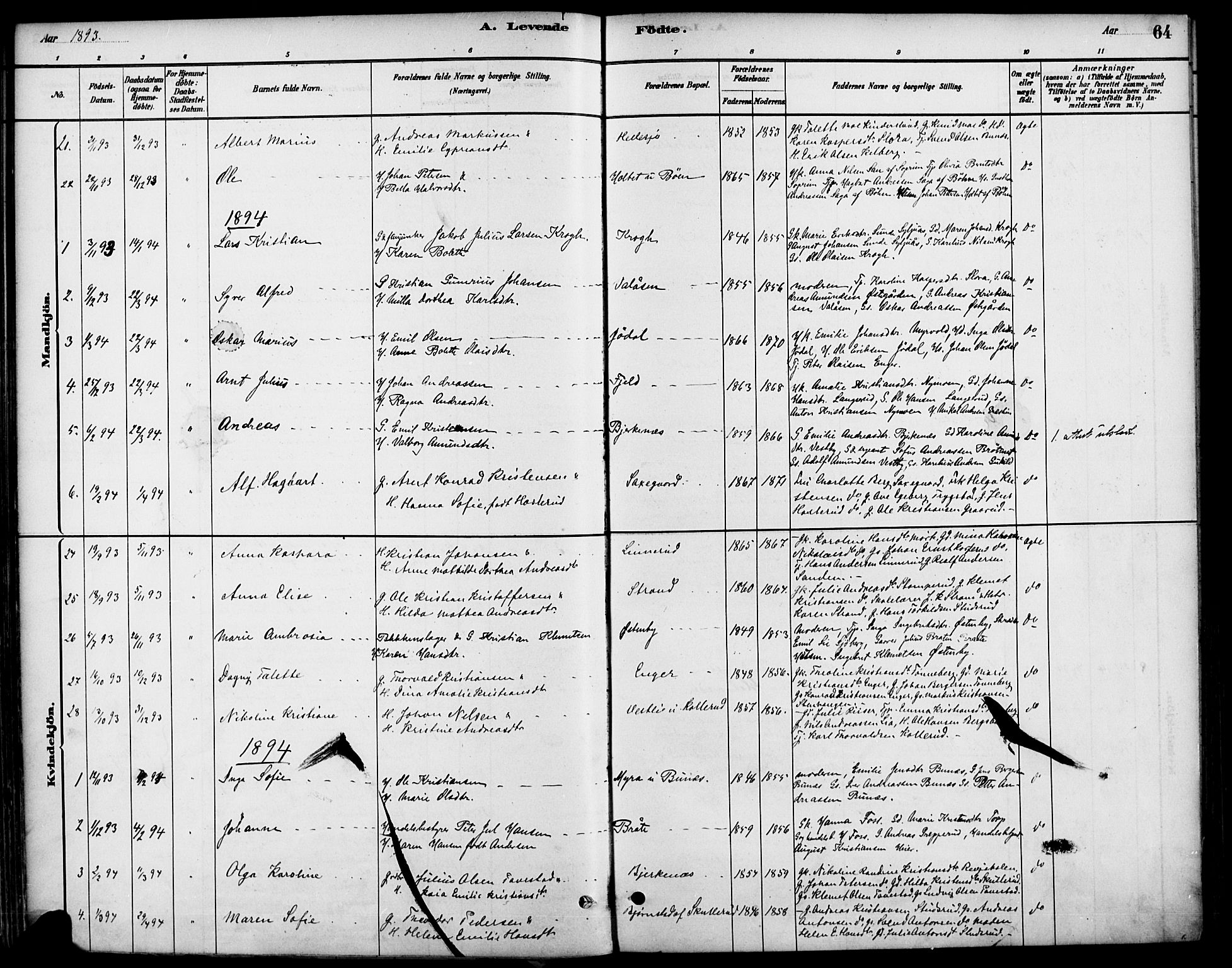 Høland prestekontor Kirkebøker, SAO/A-10346a/F/Fb/L0001: Parish register (official) no. II 1, 1880-1897, p. 64