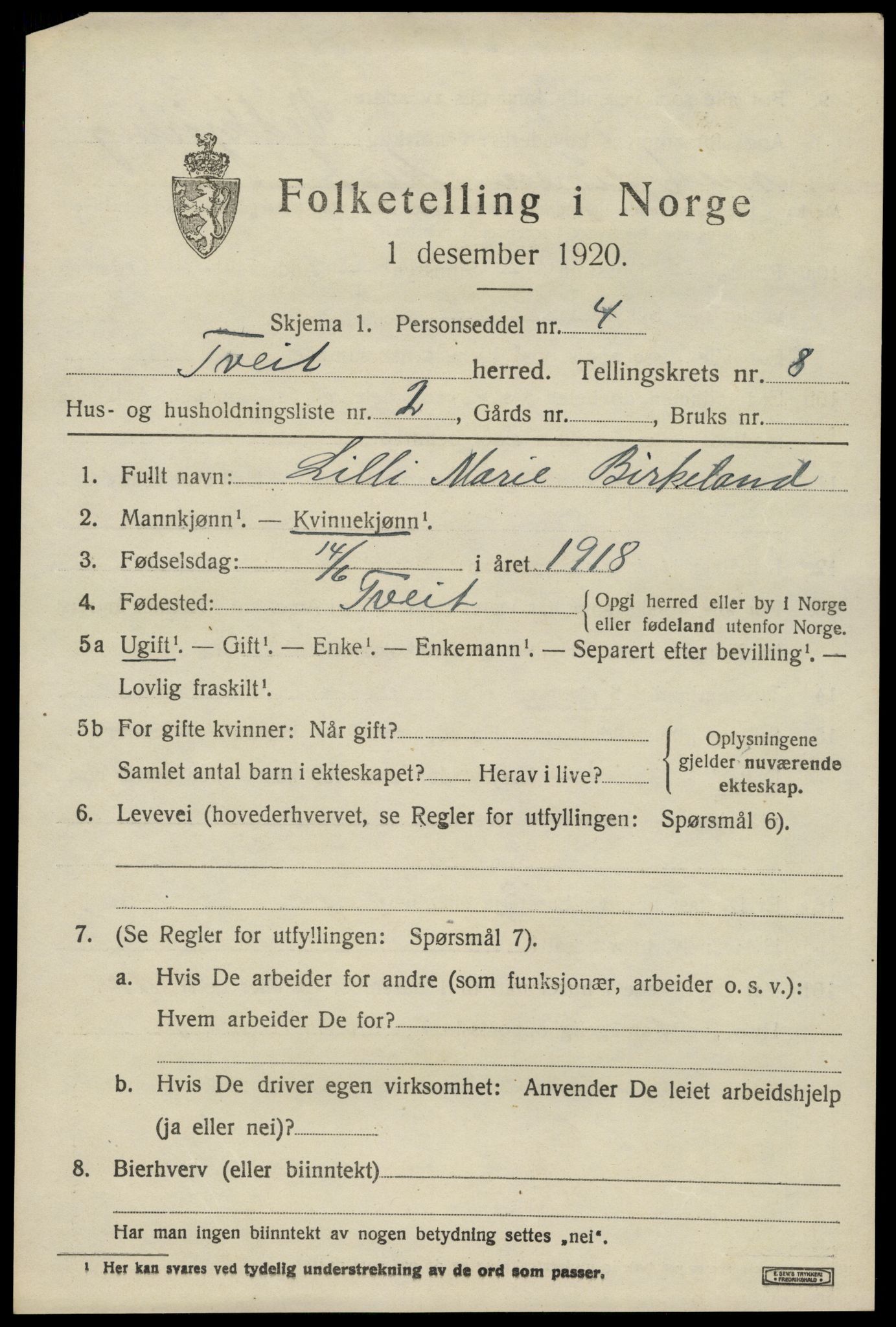 SAK, 1920 census for Tveit, 1920, p. 3498