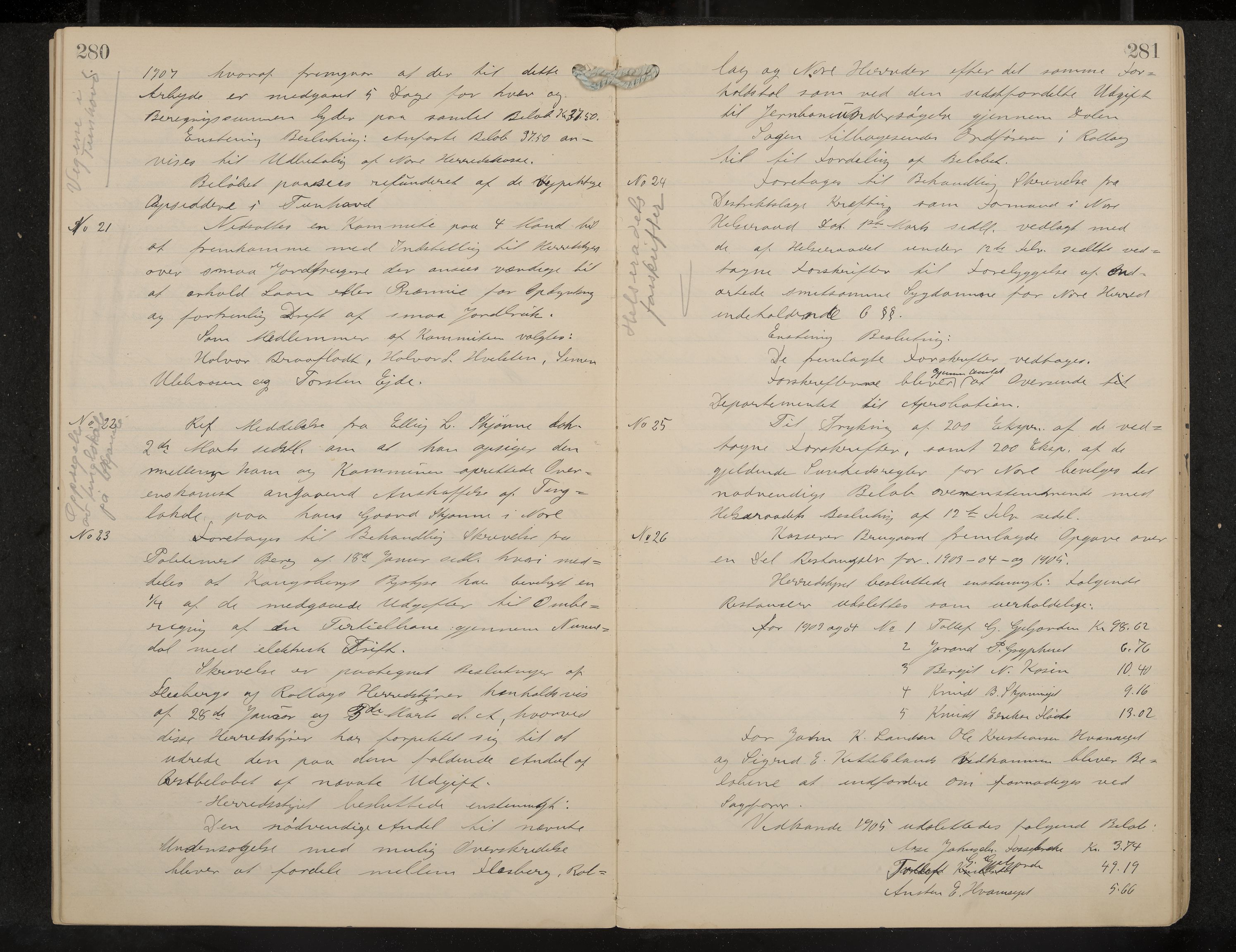 Nore formannskap og sentraladministrasjon, IKAK/0633021-2/A/Aa/L0001: Møtebok, 1901-1911, p. 280-281