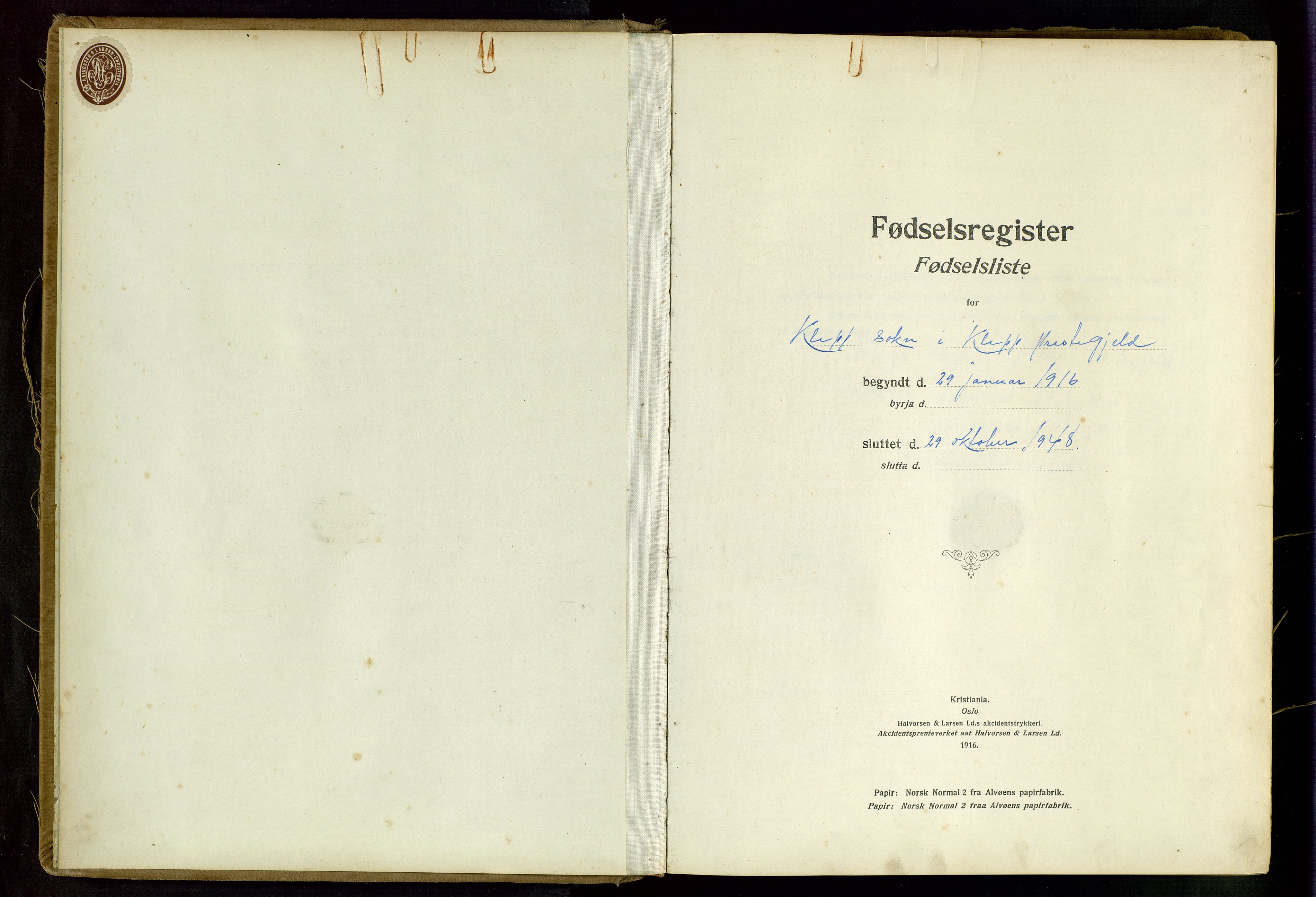 Klepp sokneprestkontor, SAST/A-101803/001/704BAA/L0001: Birth register no. 1, 1916-1948