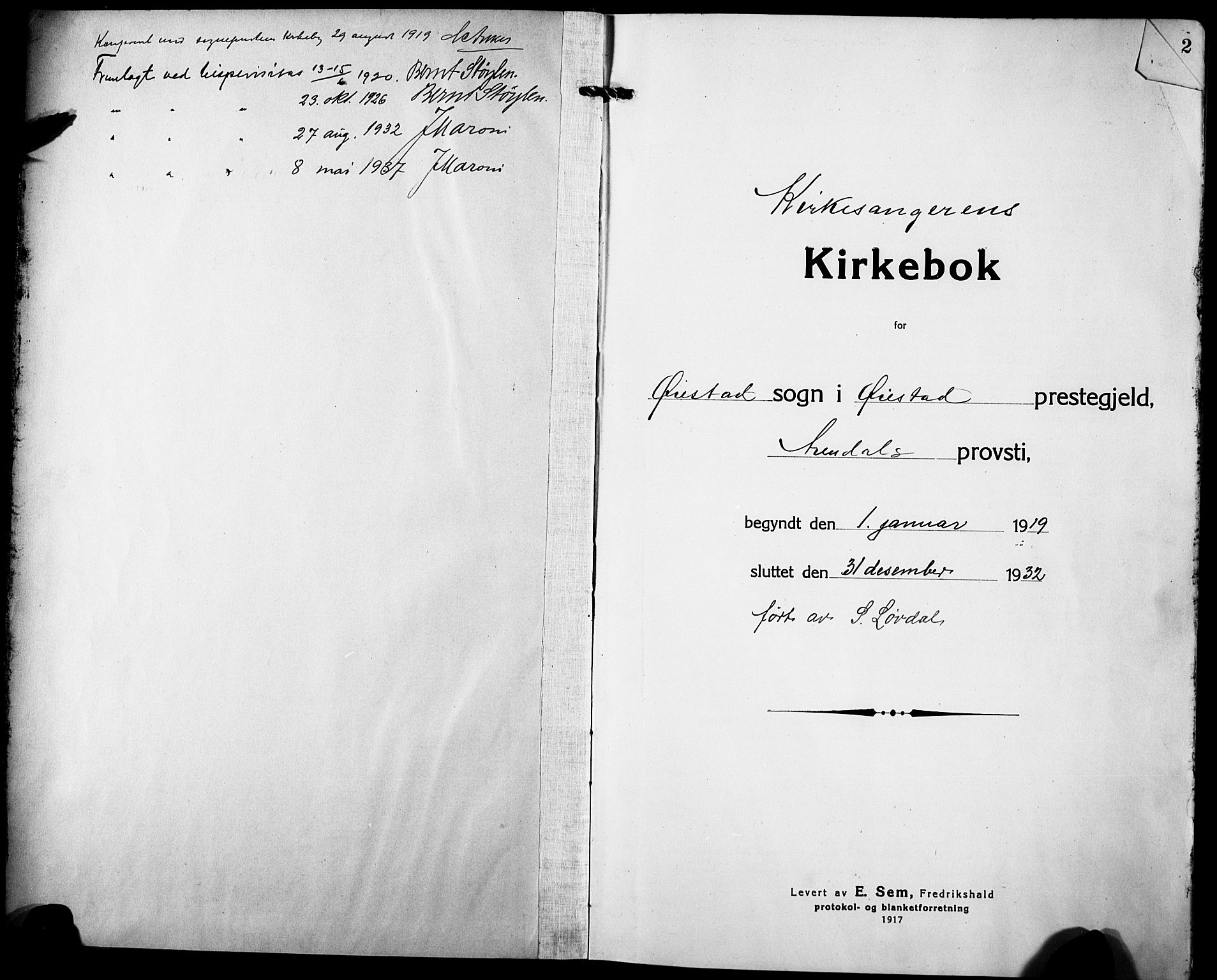 Øyestad sokneprestkontor, SAK/1111-0049/F/Fb/L0012: Parish register (copy) no. B 12, 1919-1932, p. 1