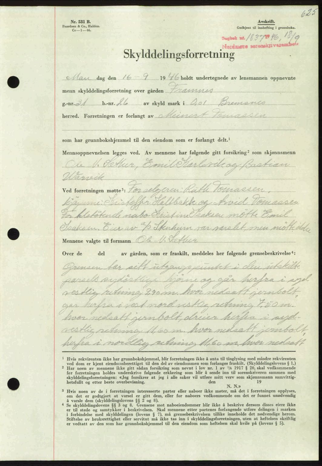 Nordmøre sorenskriveri, AV/SAT-A-4132/1/2/2Ca: Mortgage book no. A102, 1946-1946, Diary no: : 1837/1946