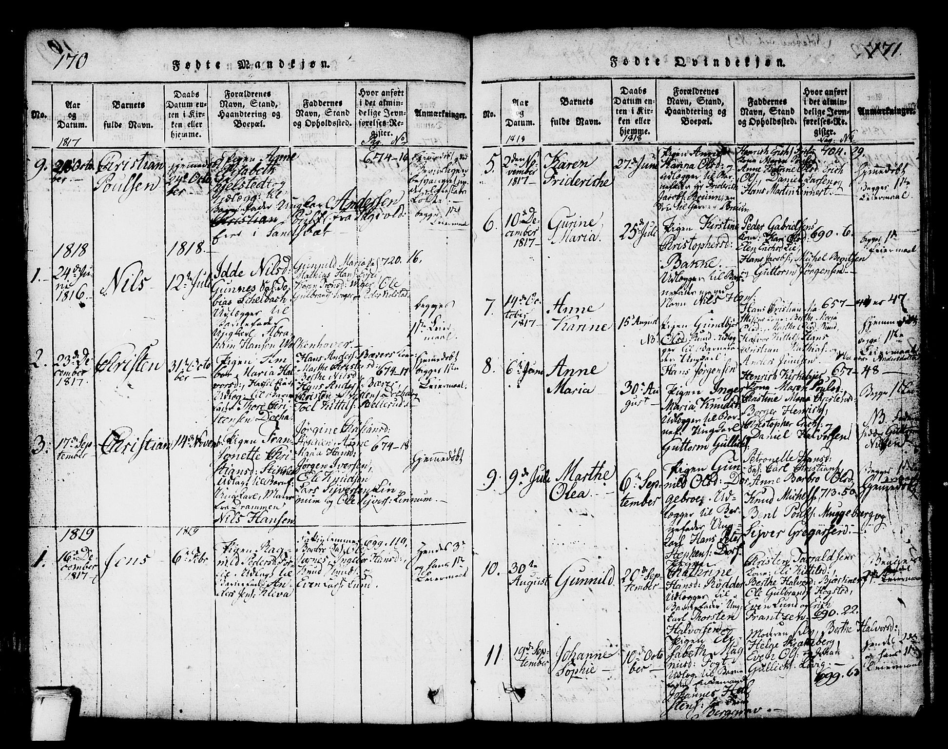 Kongsberg kirkebøker, AV/SAKO-A-22/G/Ga/L0001: Parish register (copy) no. 1, 1816-1839, p. 170-171