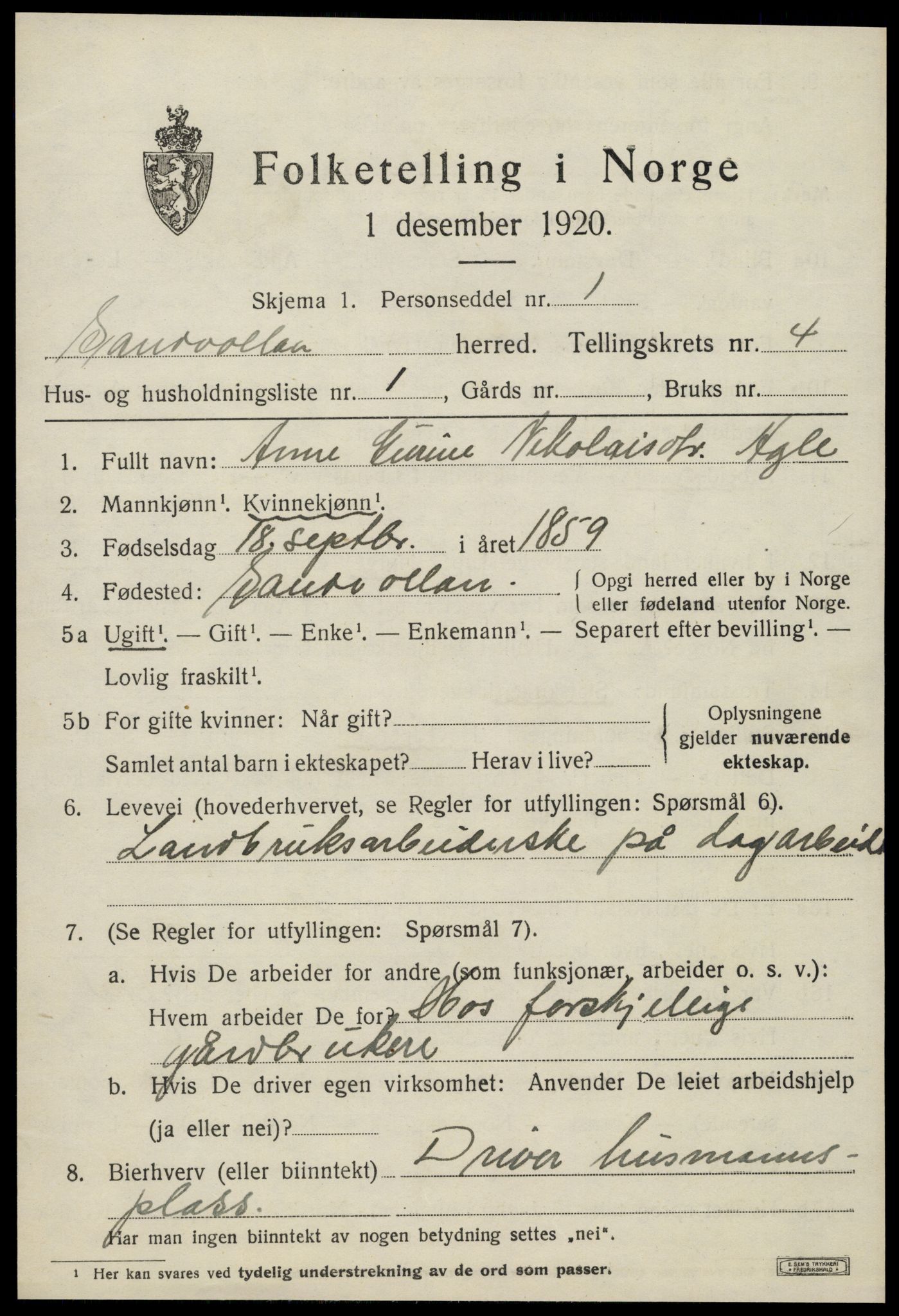 SAT, 1920 census for Sandvollan, 1920, p. 1477