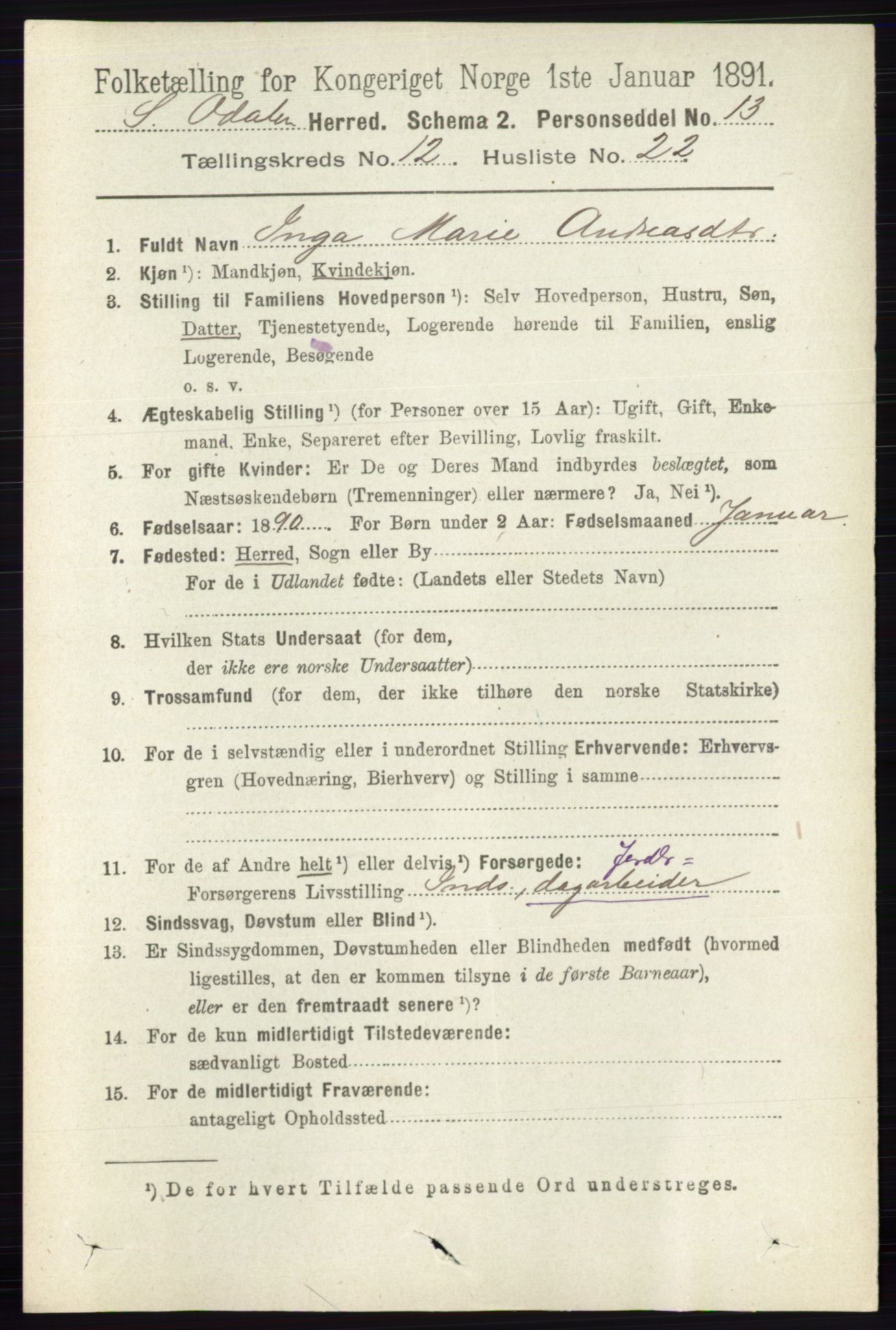 RA, 1891 census for 0419 Sør-Odal, 1891, p. 5497