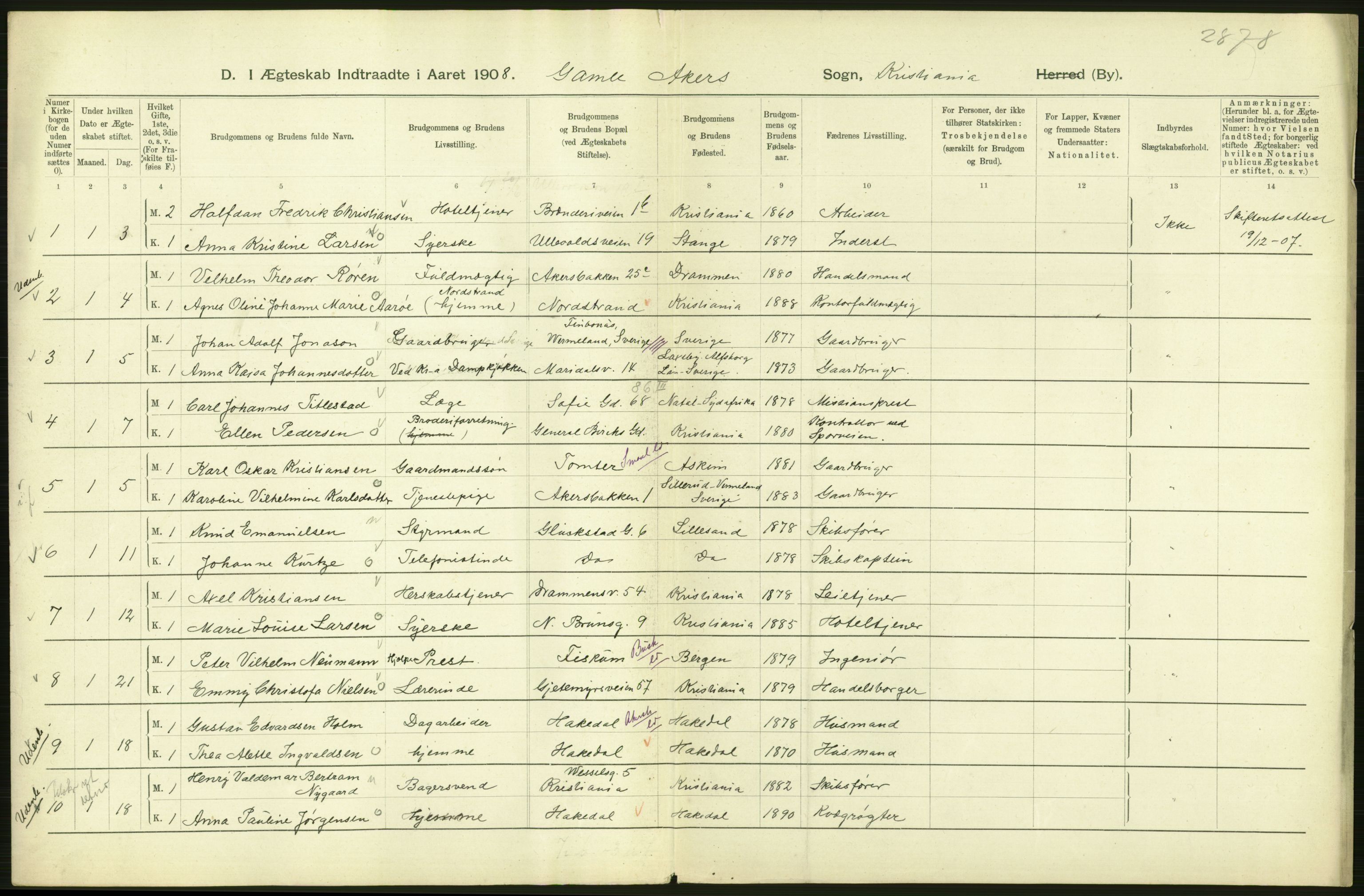 Statistisk sentralbyrå, Sosiodemografiske emner, Befolkning, AV/RA-S-2228/D/Df/Dfa/Dfaf/L0007: Kristiania: Gifte, 1908, p. 292