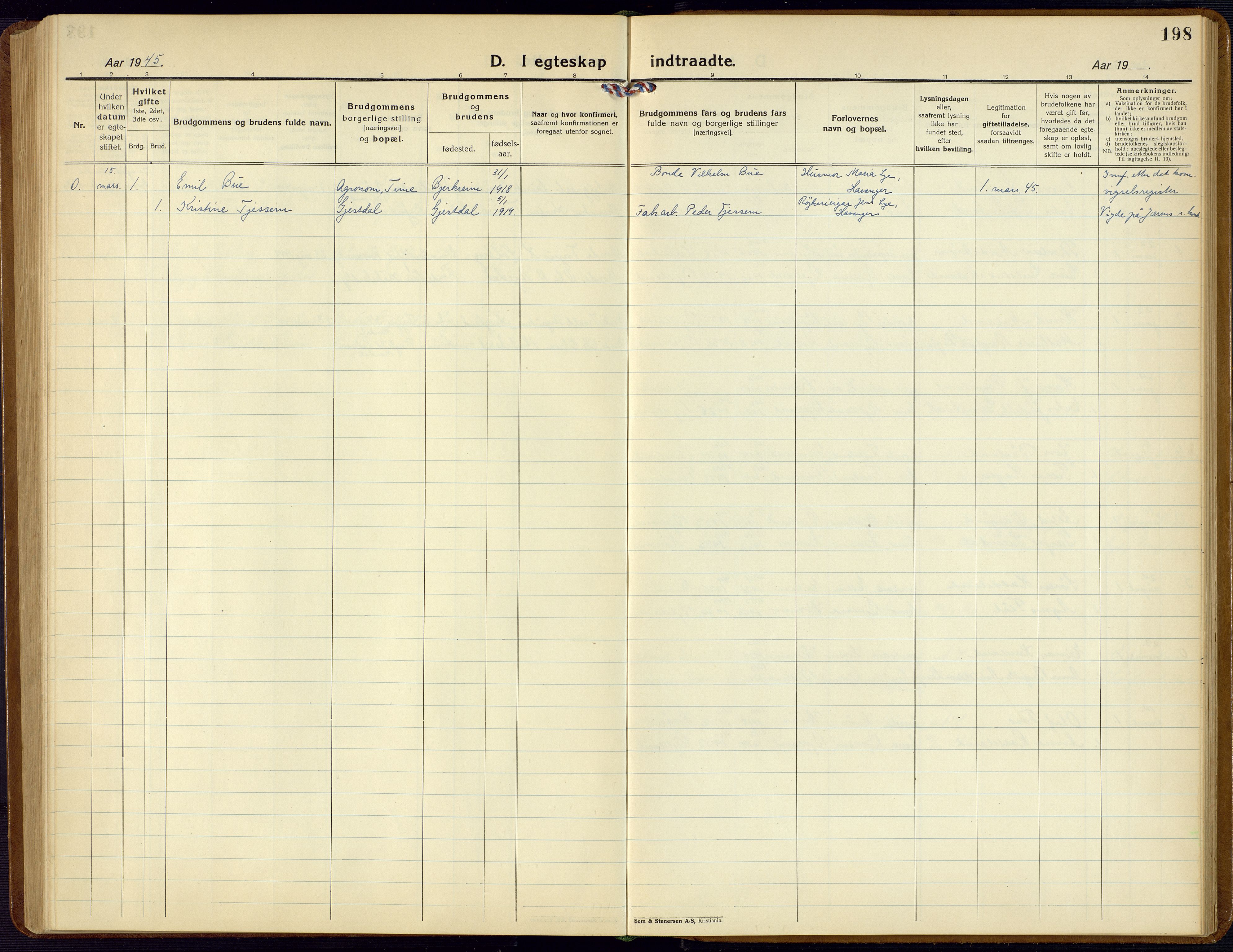 Bjelland sokneprestkontor, SAK/1111-0005/F/Fb/Fba/L0006: Parish register (copy) no. B 6, 1923-1956, p. 198