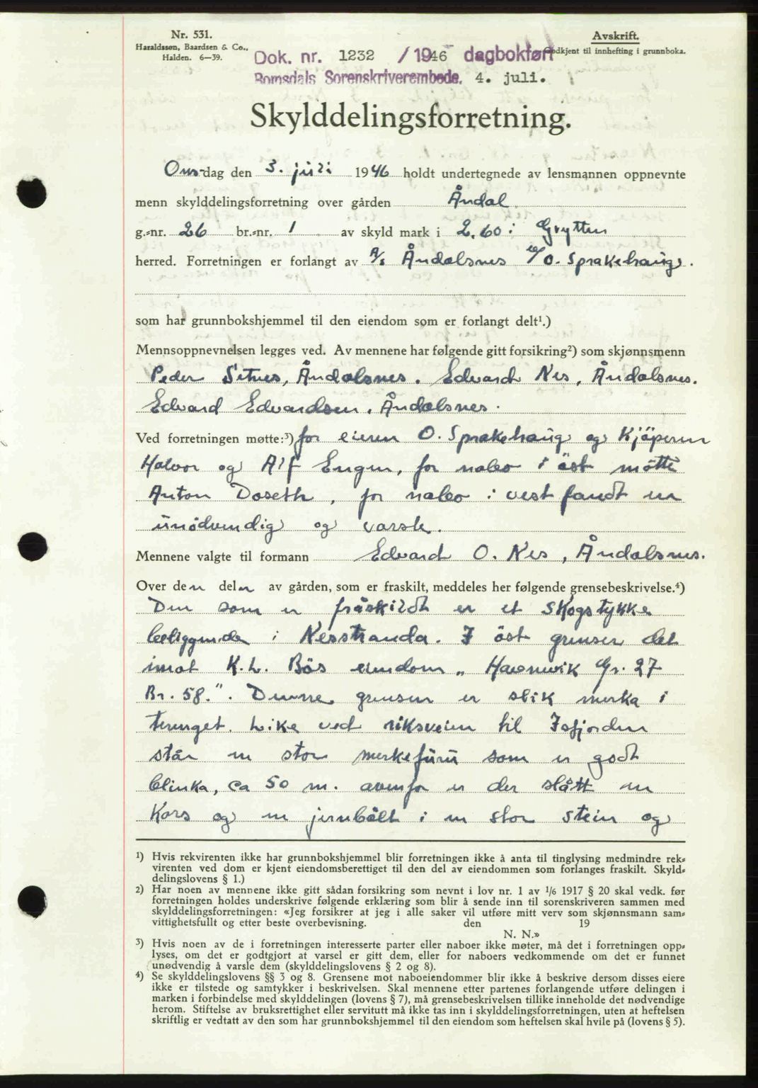 Romsdal sorenskriveri, AV/SAT-A-4149/1/2/2C: Mortgage book no. A20, 1946-1946, Diary no: : 1232/1946