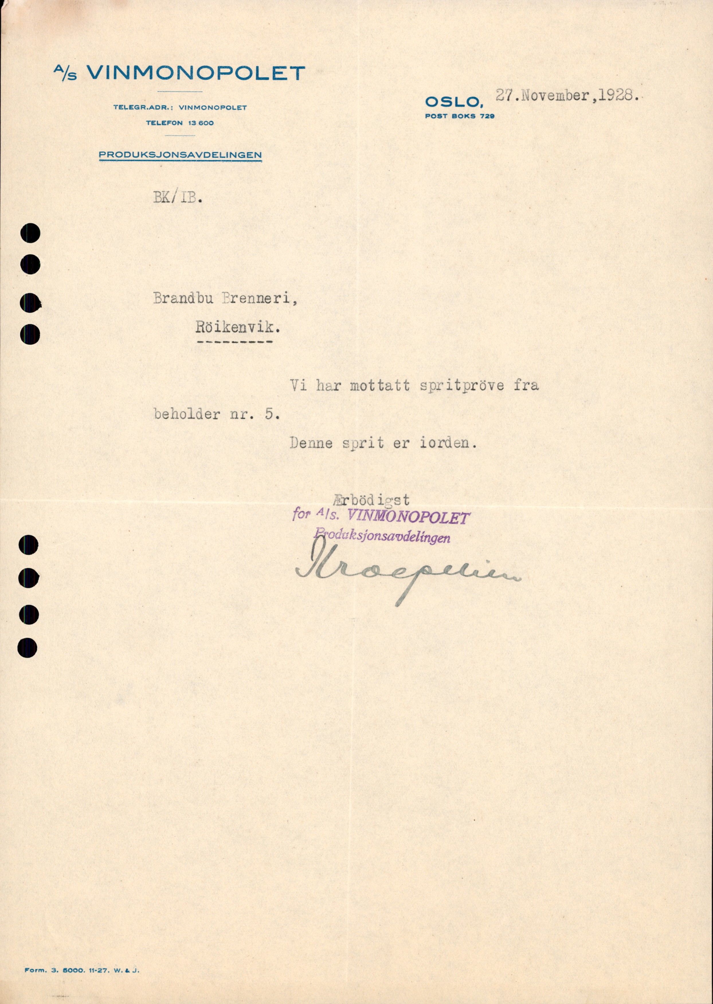 Hadeland Brenneri, OARM/H-A-00353/D/Da/0002 / Korrespondanse, 1927-1939