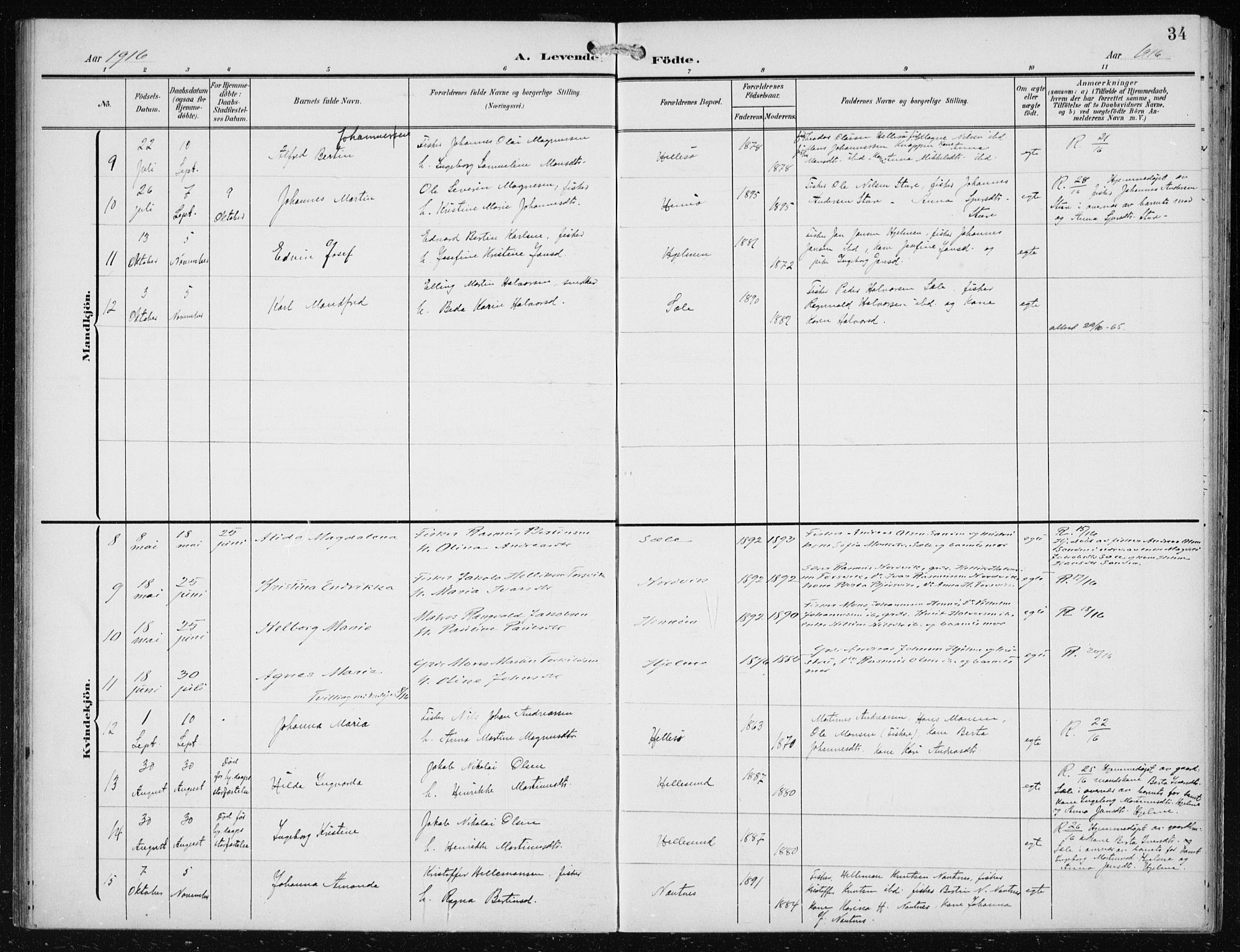 Herdla Sokneprestembete, AV/SAB-A-75701/H/Haa: Parish register (official) no. B 1, 1902-1921, p. 34