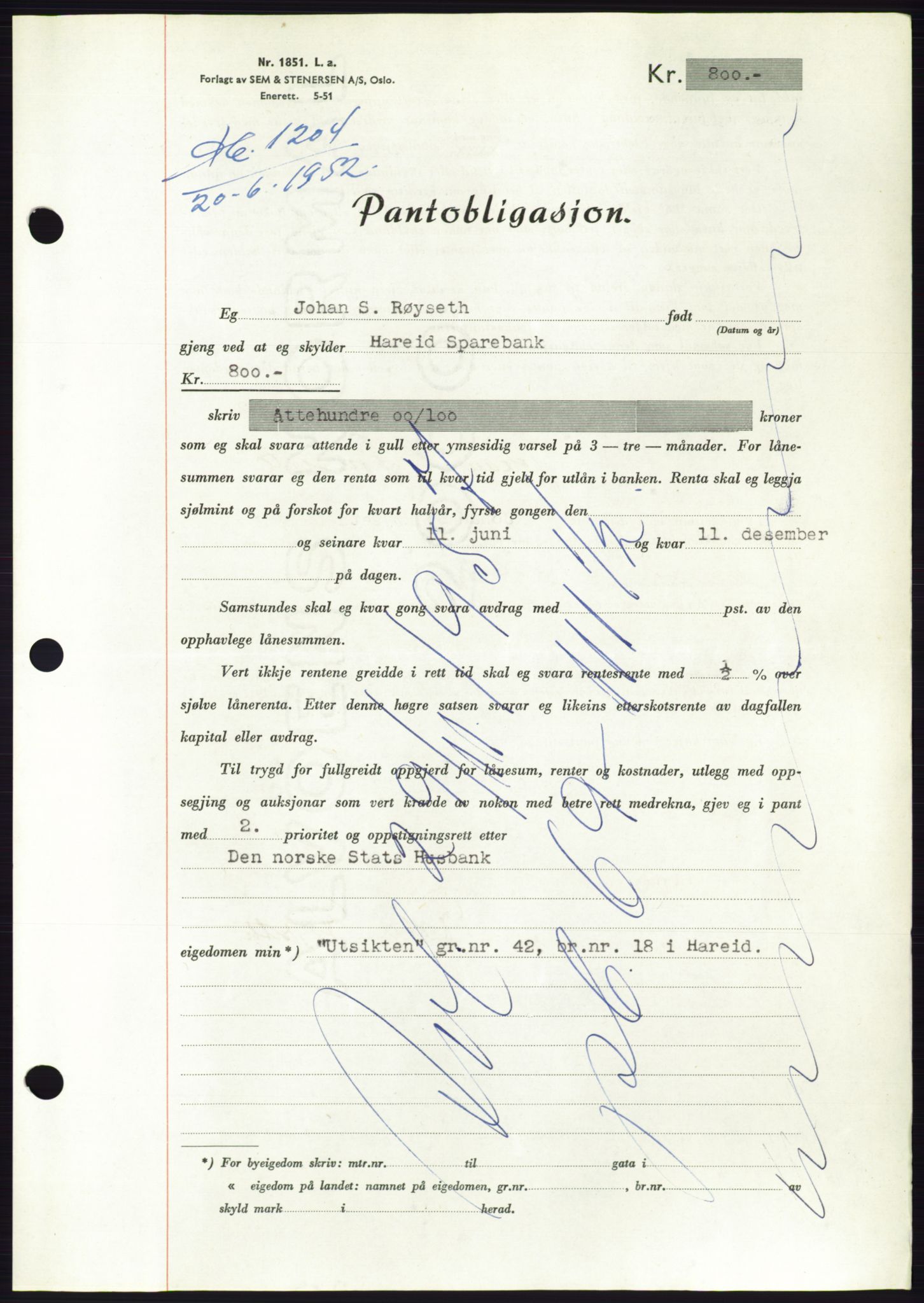 Søre Sunnmøre sorenskriveri, AV/SAT-A-4122/1/2/2C/L0121: Mortgage book no. 9B, 1951-1952, Diary no: : 1204/1952