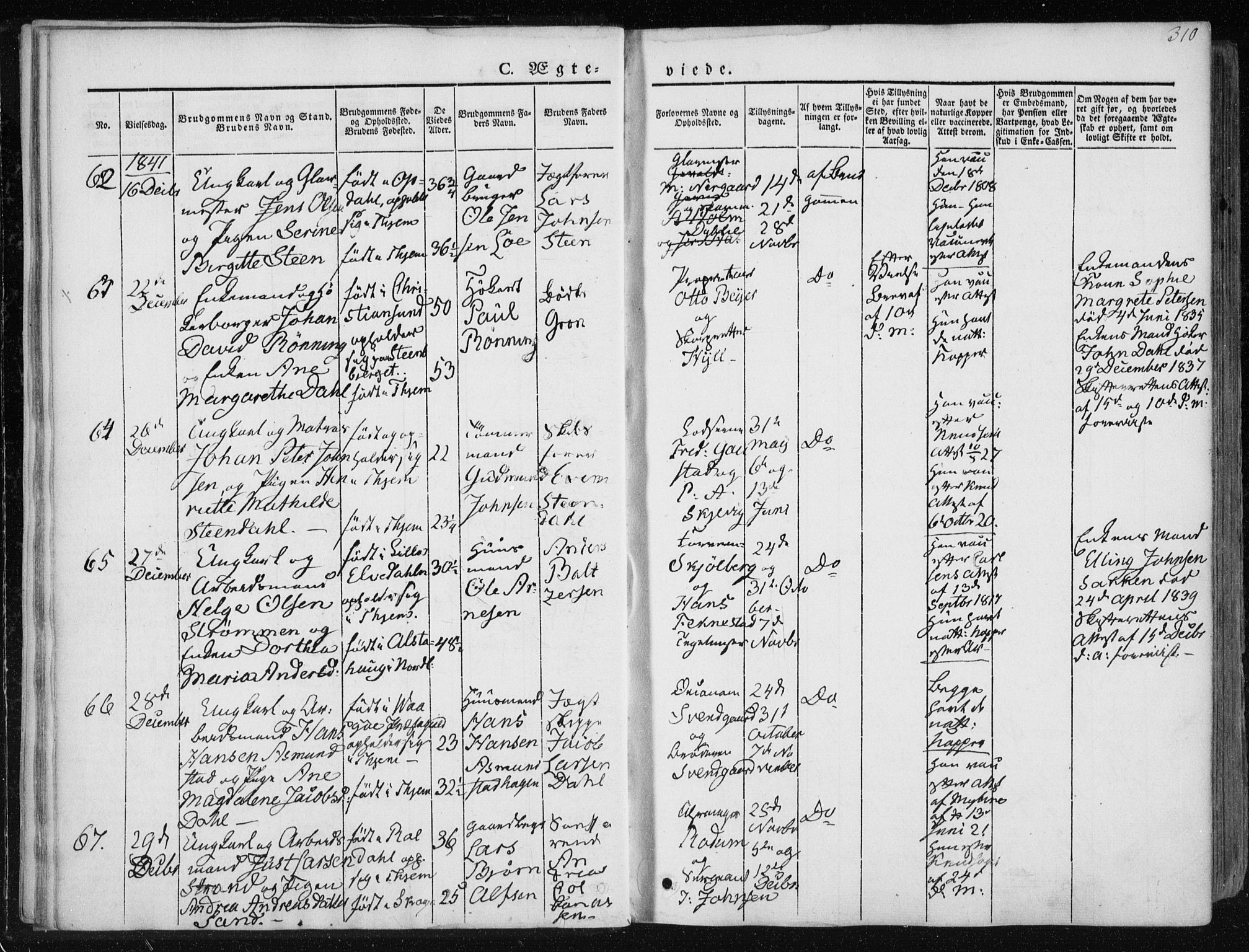 Ministerialprotokoller, klokkerbøker og fødselsregistre - Sør-Trøndelag, SAT/A-1456/601/L0049: Parish register (official) no. 601A17, 1839-1847, p. 310