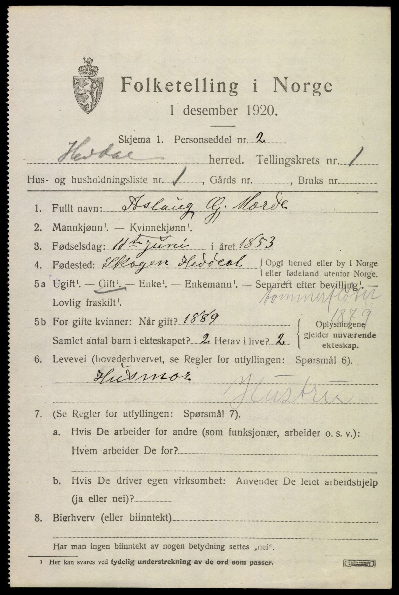 SAKO, 1920 census for Heddal, 1920, p. 1308