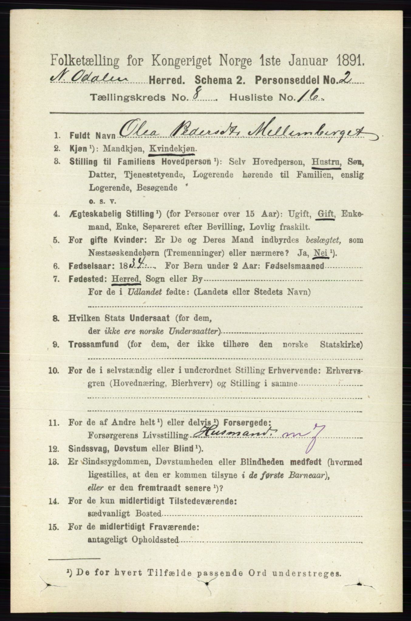 RA, 1891 census for 0418 Nord-Odal, 1891, p. 3387