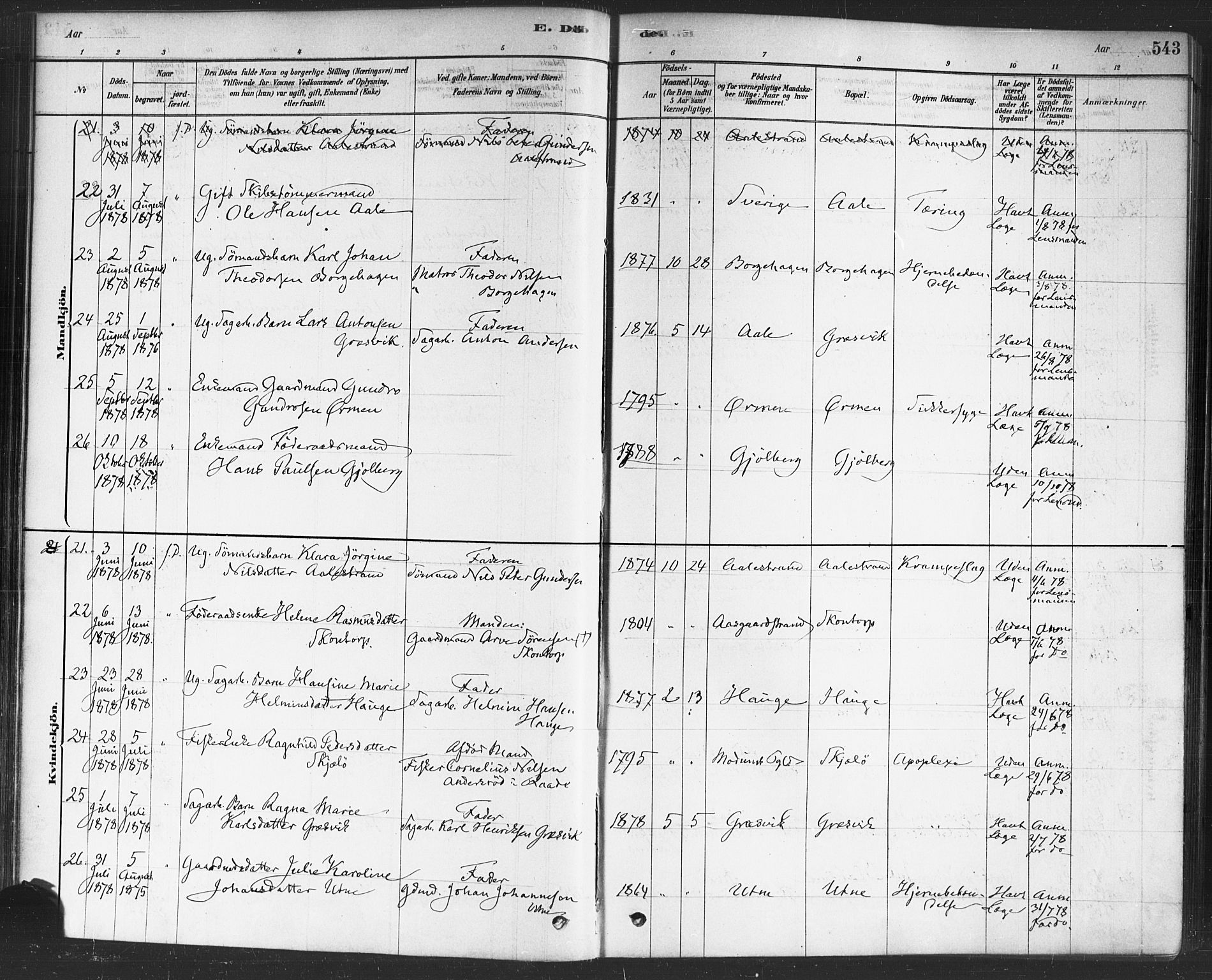 Onsøy prestekontor Kirkebøker, AV/SAO-A-10914/F/Fa/L0006: Parish register (official) no. I 6, 1878-1898, p. 543