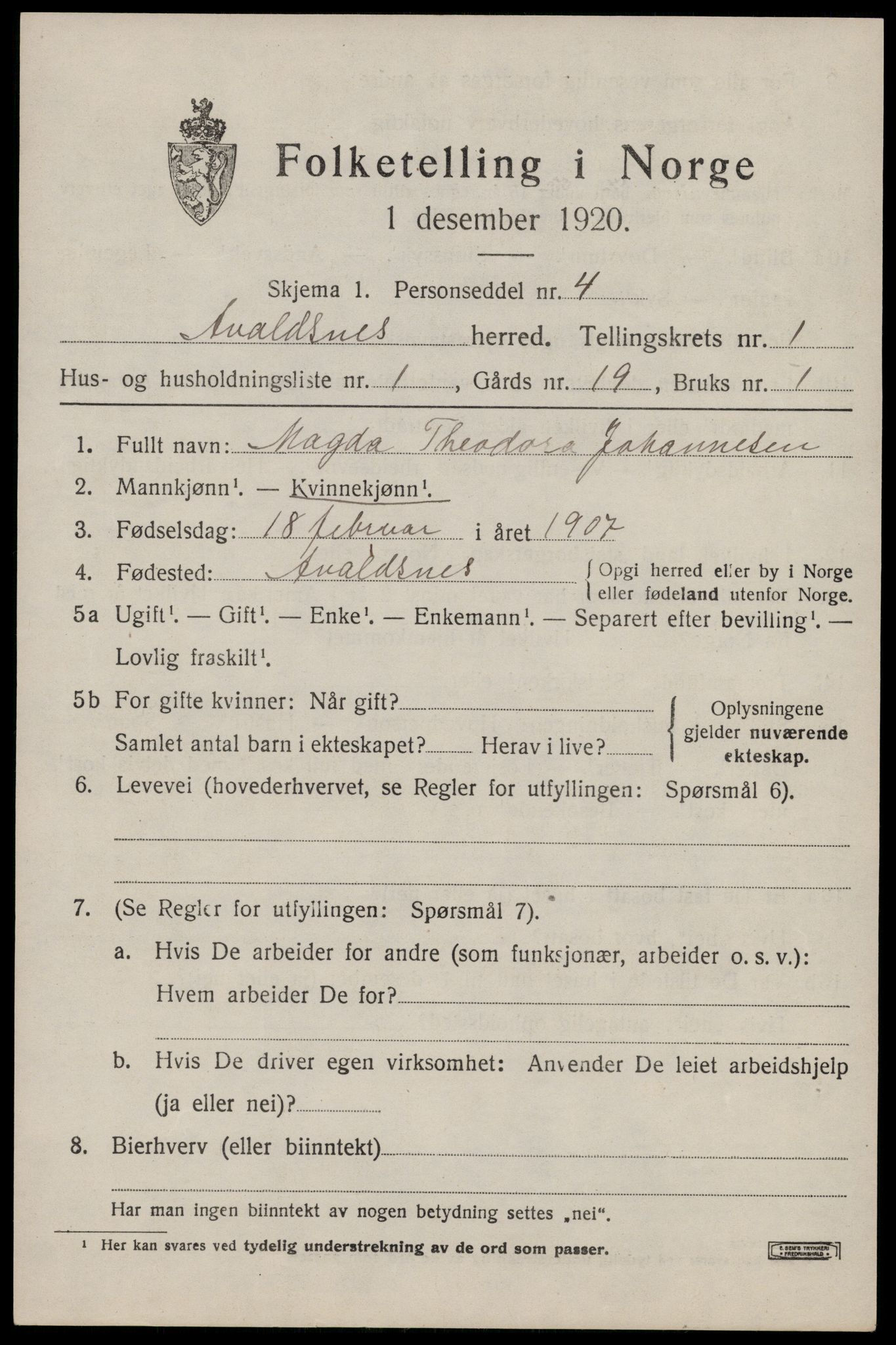 SAST, 1920 census for Avaldsnes, 1920, p. 1455