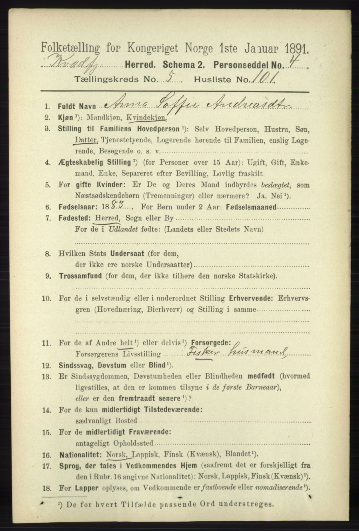 RA, 1891 census for 1911 Kvæfjord, 1891, p. 3477