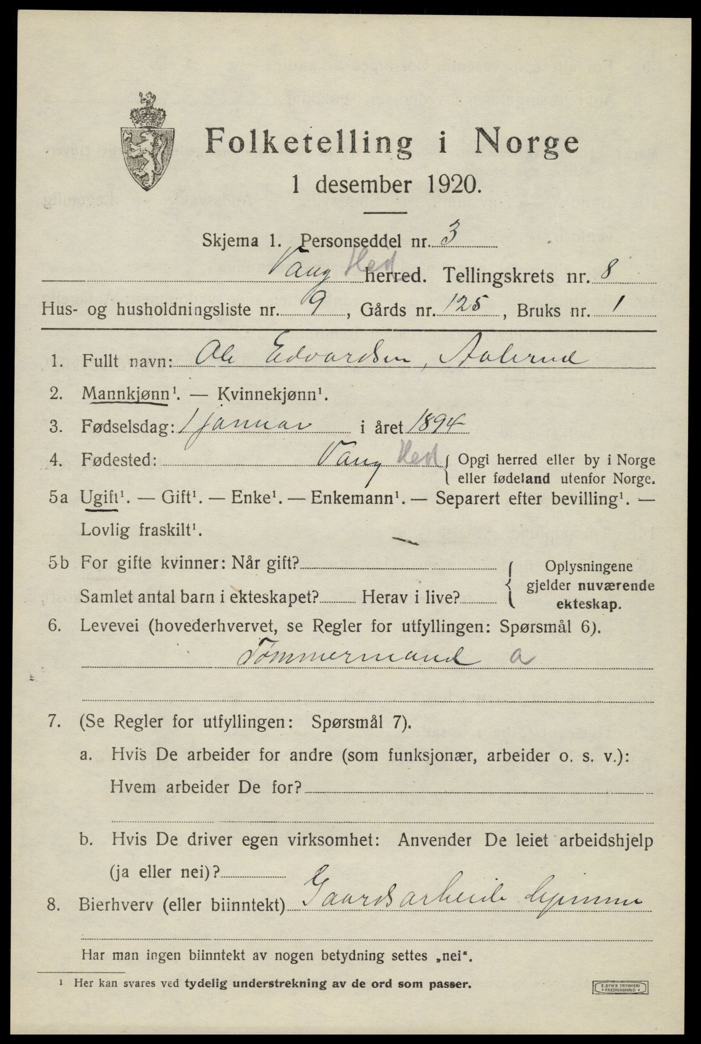 SAH, 1920 census for Vang (Hedmark), 1920, p. 17537