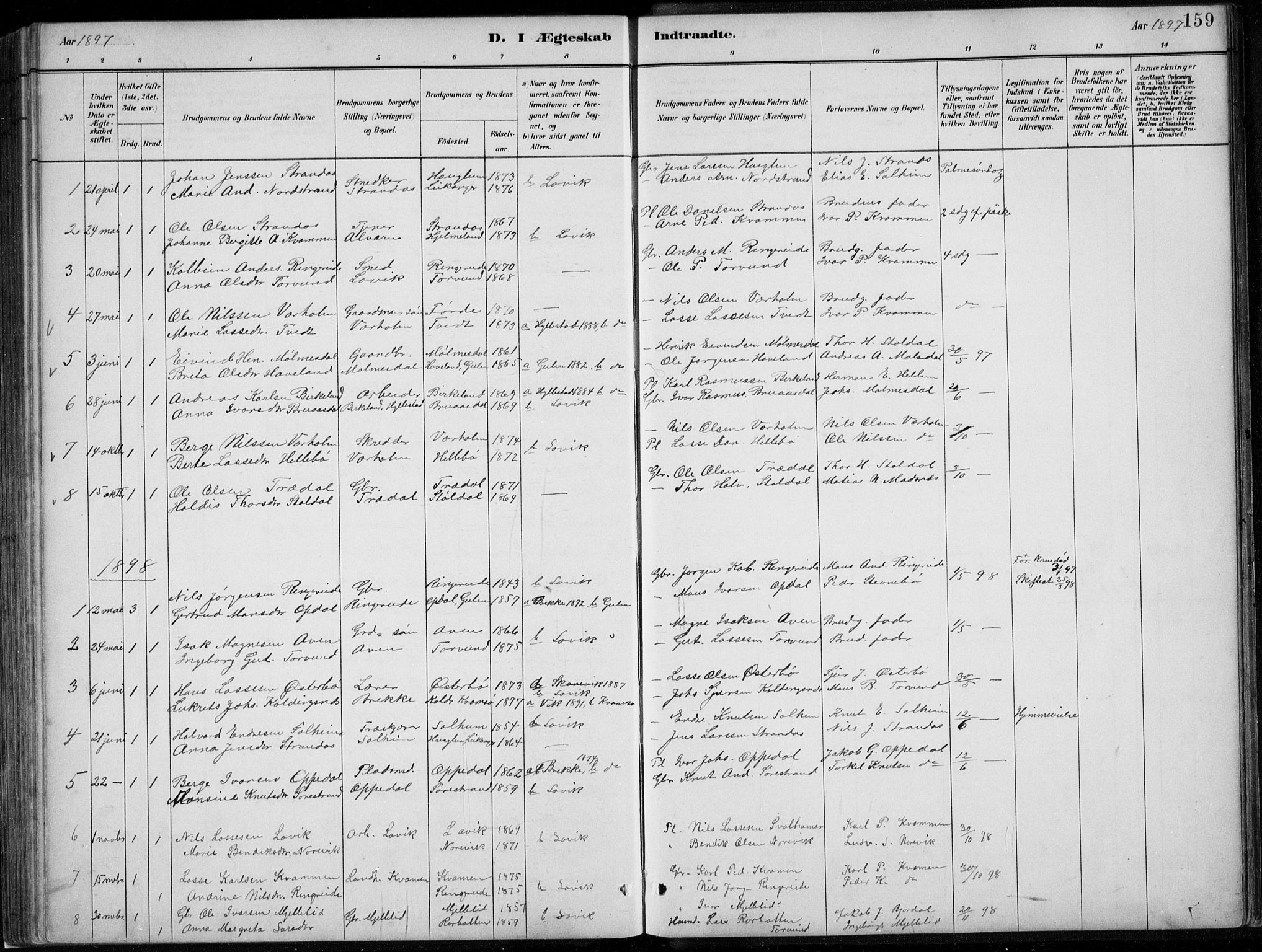 Lavik sokneprestembete, SAB/A-80901: Parish register (copy) no. A 2, 1882-1910, p. 159