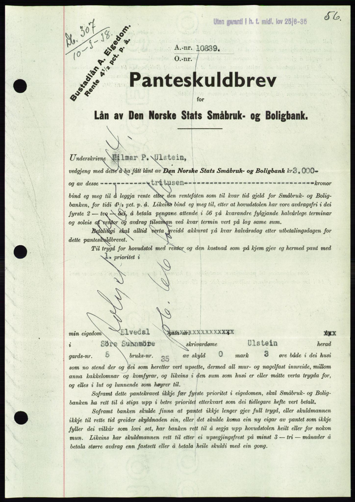 Søre Sunnmøre sorenskriveri, AV/SAT-A-4122/1/2/2C/L0065: Mortgage book no. 59, 1938-1938, Diary no: : 307/1938