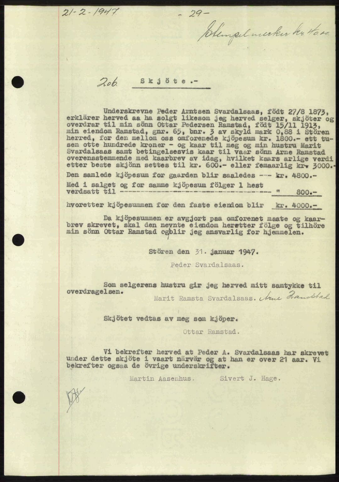 Gauldal sorenskriveri, SAT/A-0014/1/2/2C: Mortgage book no. A3, 1947-1947, Diary no: : 206/1947