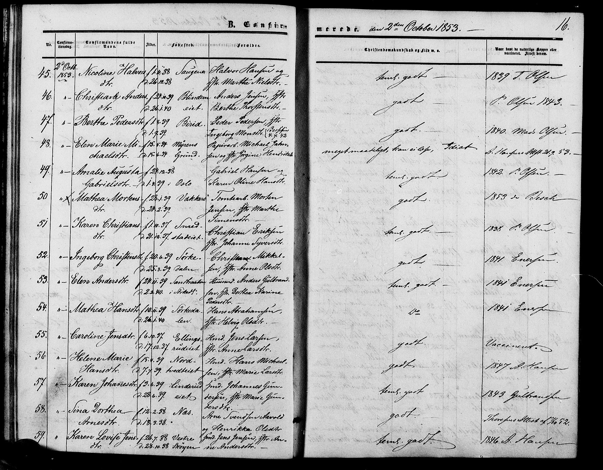 Vestre Aker prestekontor Kirkebøker, AV/SAO-A-10025/F/Fa/L0001: Parish register (official) no. 1, 1853-1858, p. 16