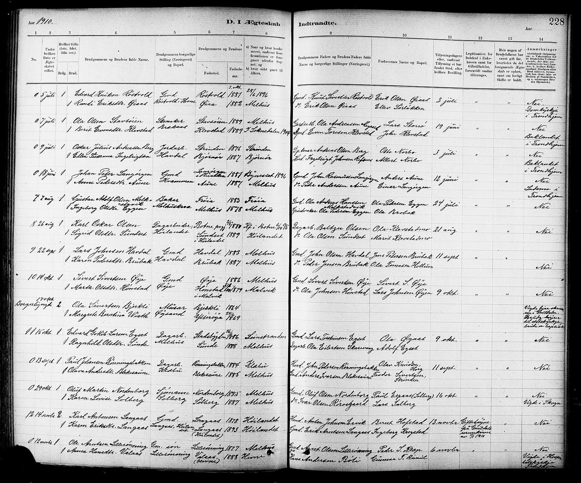 Ministerialprotokoller, klokkerbøker og fødselsregistre - Sør-Trøndelag, SAT/A-1456/691/L1094: Parish register (copy) no. 691C05, 1879-1911, p. 228