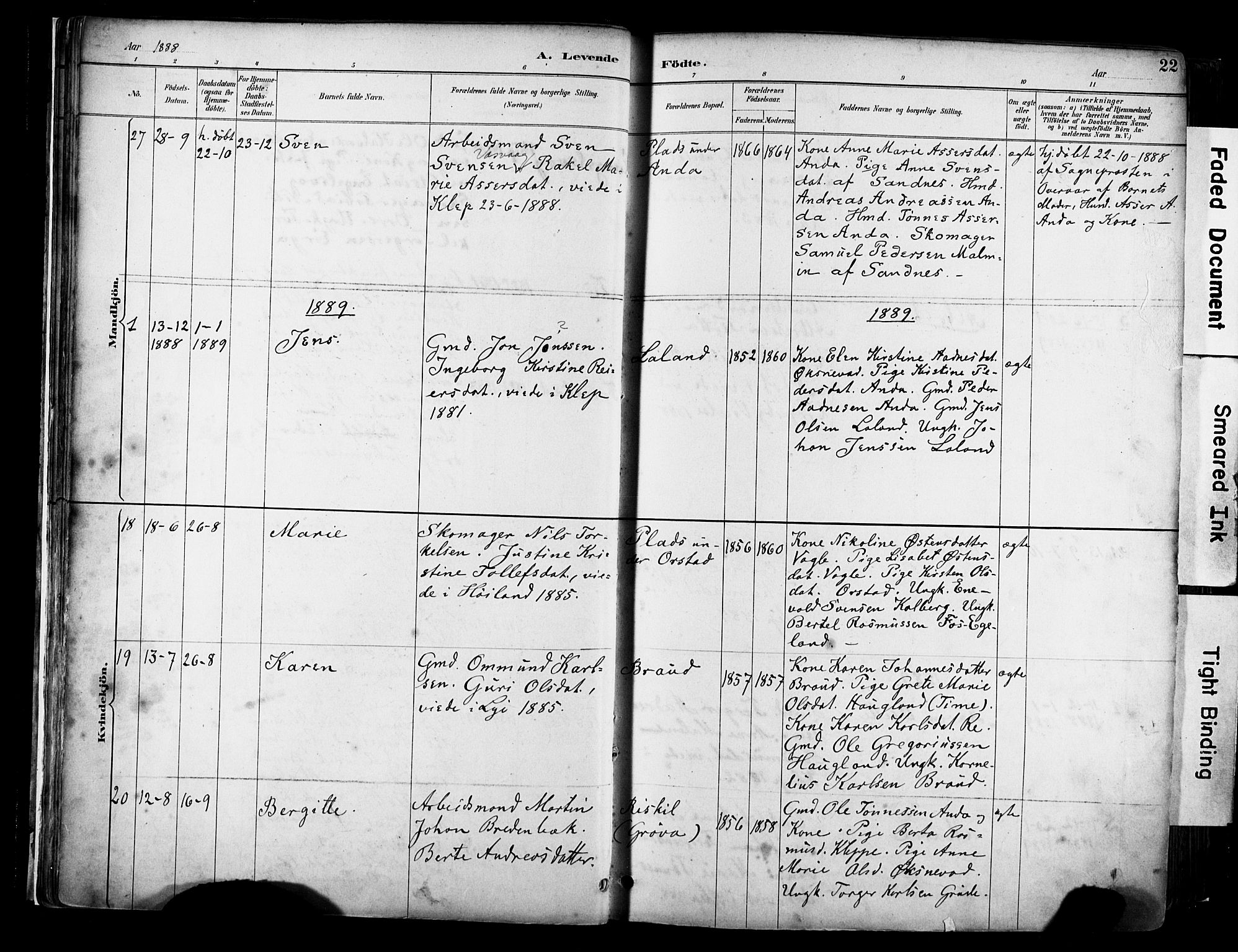 Klepp sokneprestkontor, AV/SAST-A-101803/001/3/30BA/L0009: Parish register (official) no. A 7, 1886-1915, p. 22