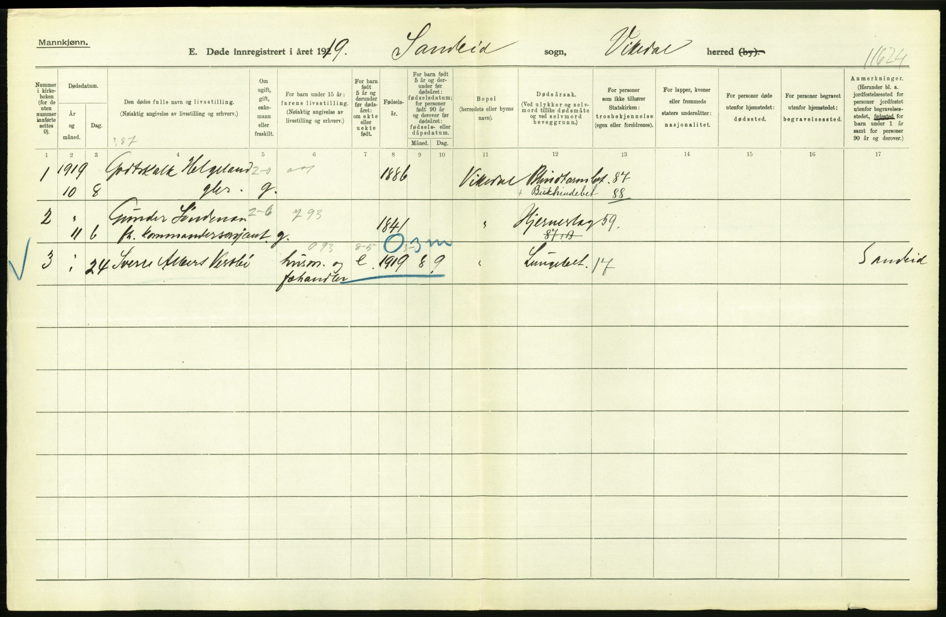 Statistisk sentralbyrå, Sosiodemografiske emner, Befolkning, AV/RA-S-2228/D/Df/Dfb/Dfbi/L0030: Rogaland fylke: Døde. Bygder og byer., 1919, p. 104