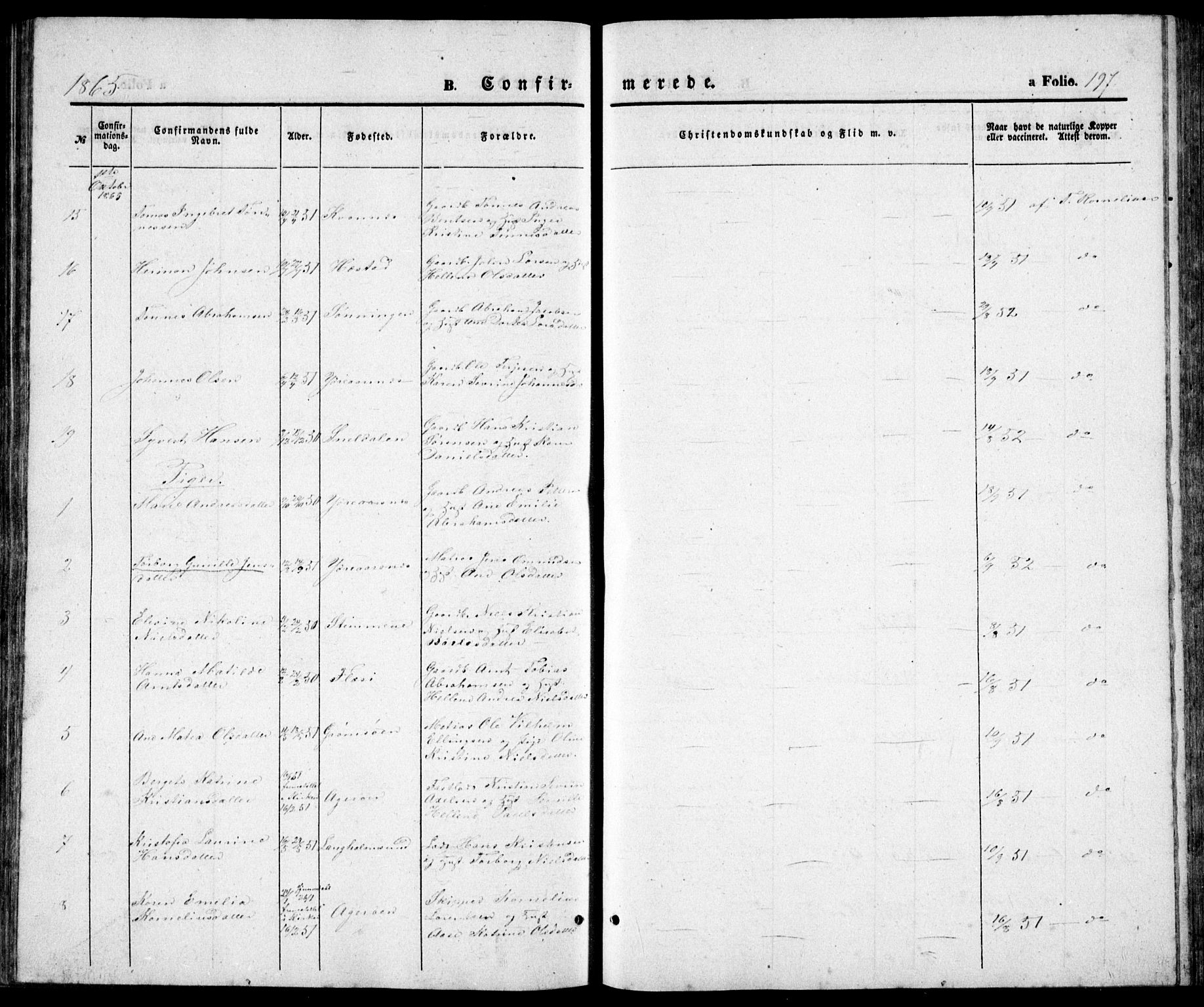 Høvåg sokneprestkontor, AV/SAK-1111-0025/F/Fb/L0002: Parish register (copy) no. B 2, 1847-1869, p. 197