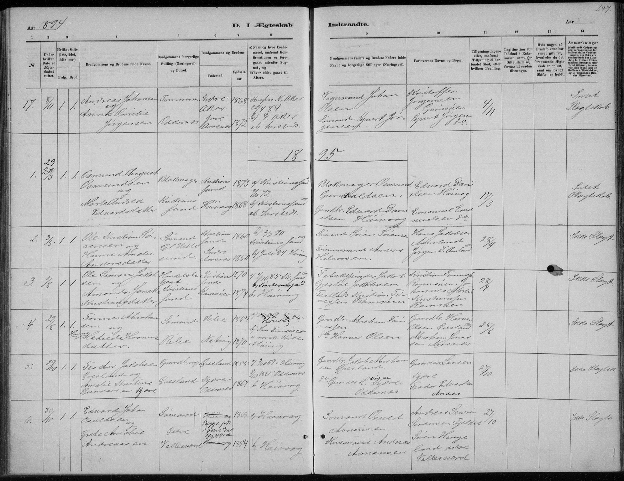 Høvåg sokneprestkontor, SAK/1111-0025/F/Fb/L0004: Parish register (copy) no. B 4, 1883-1898, p. 247