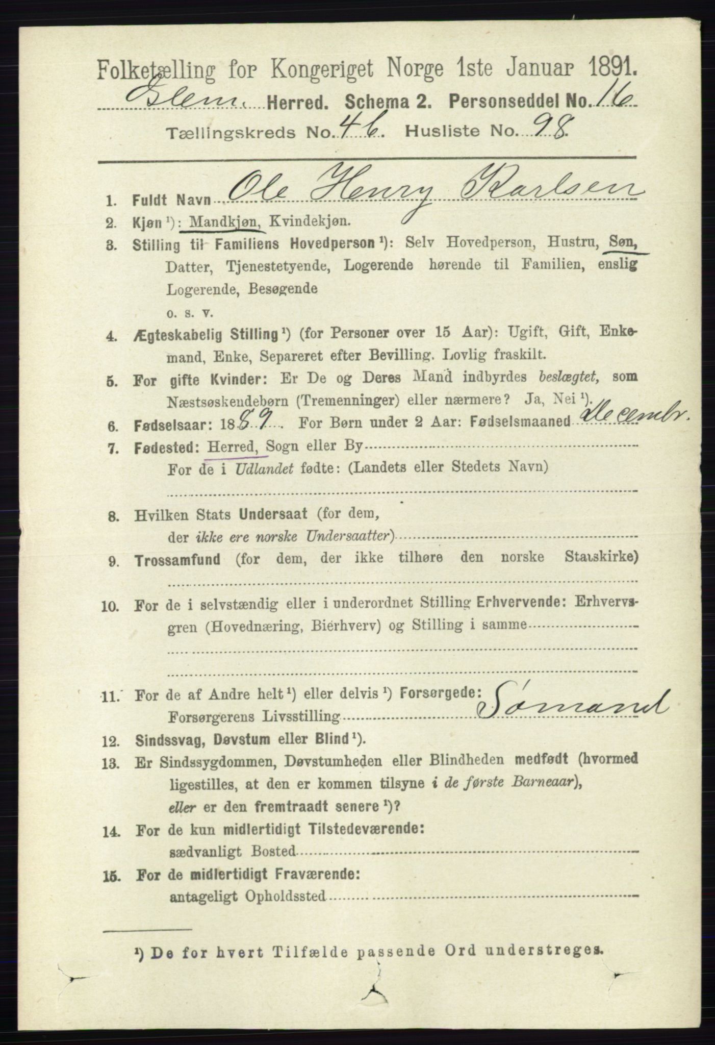 RA, 1891 census for 0132 Glemmen, 1891, p. 5892