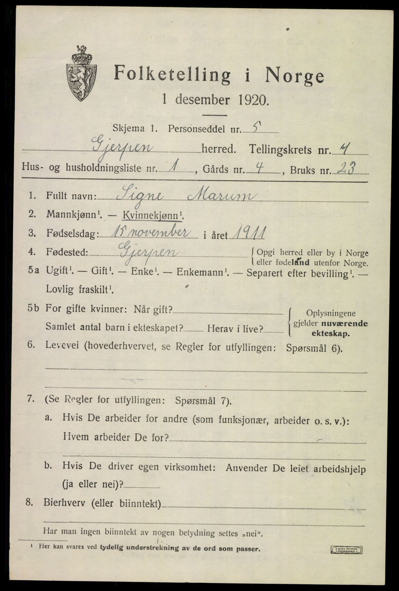 SAKO, 1920 census for Gjerpen, 1920, p. 7912