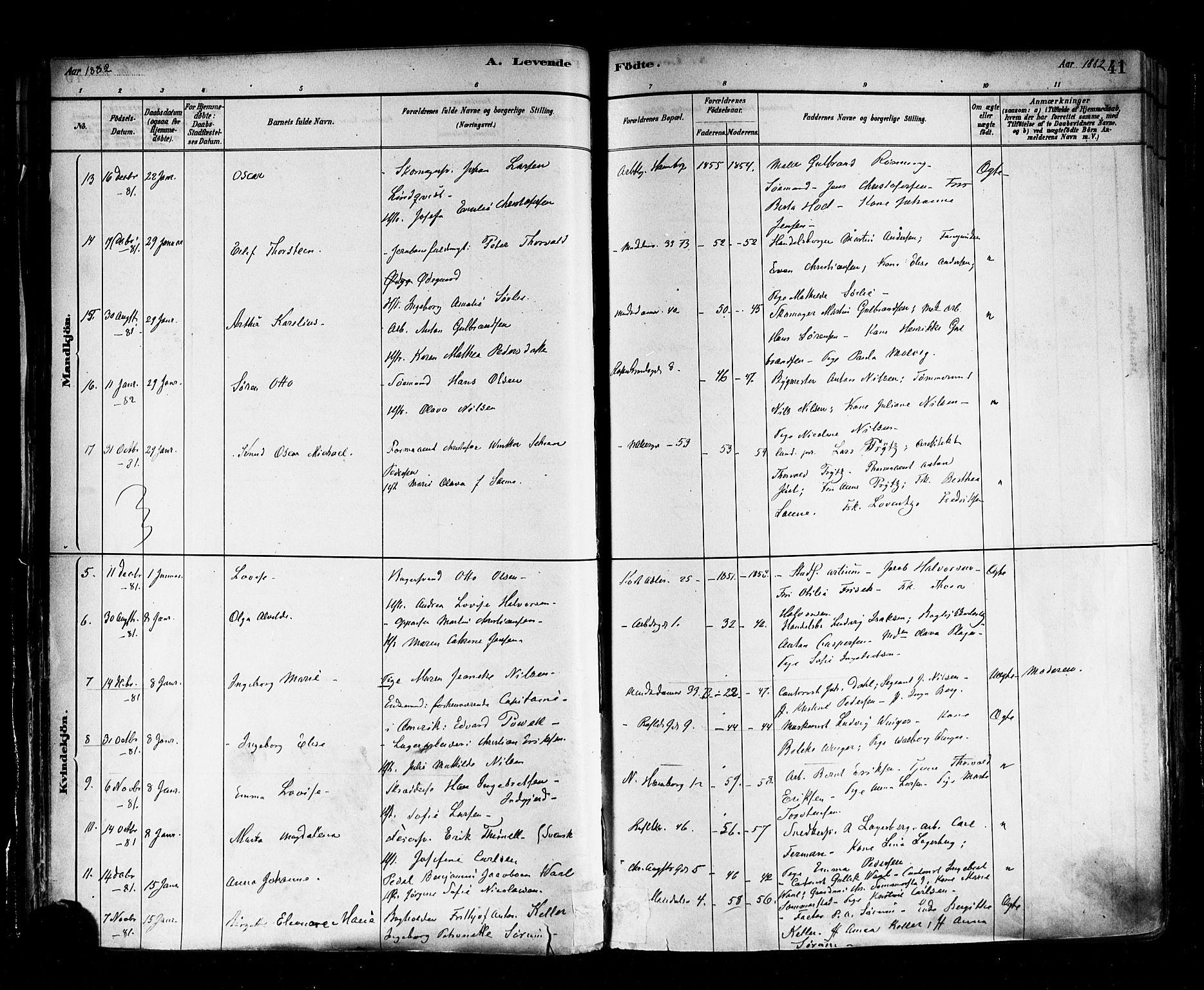 Trefoldighet prestekontor Kirkebøker, AV/SAO-A-10882/F/Fa/L0005: Parish register (official) no. I 5, 1881-1891, p. 41