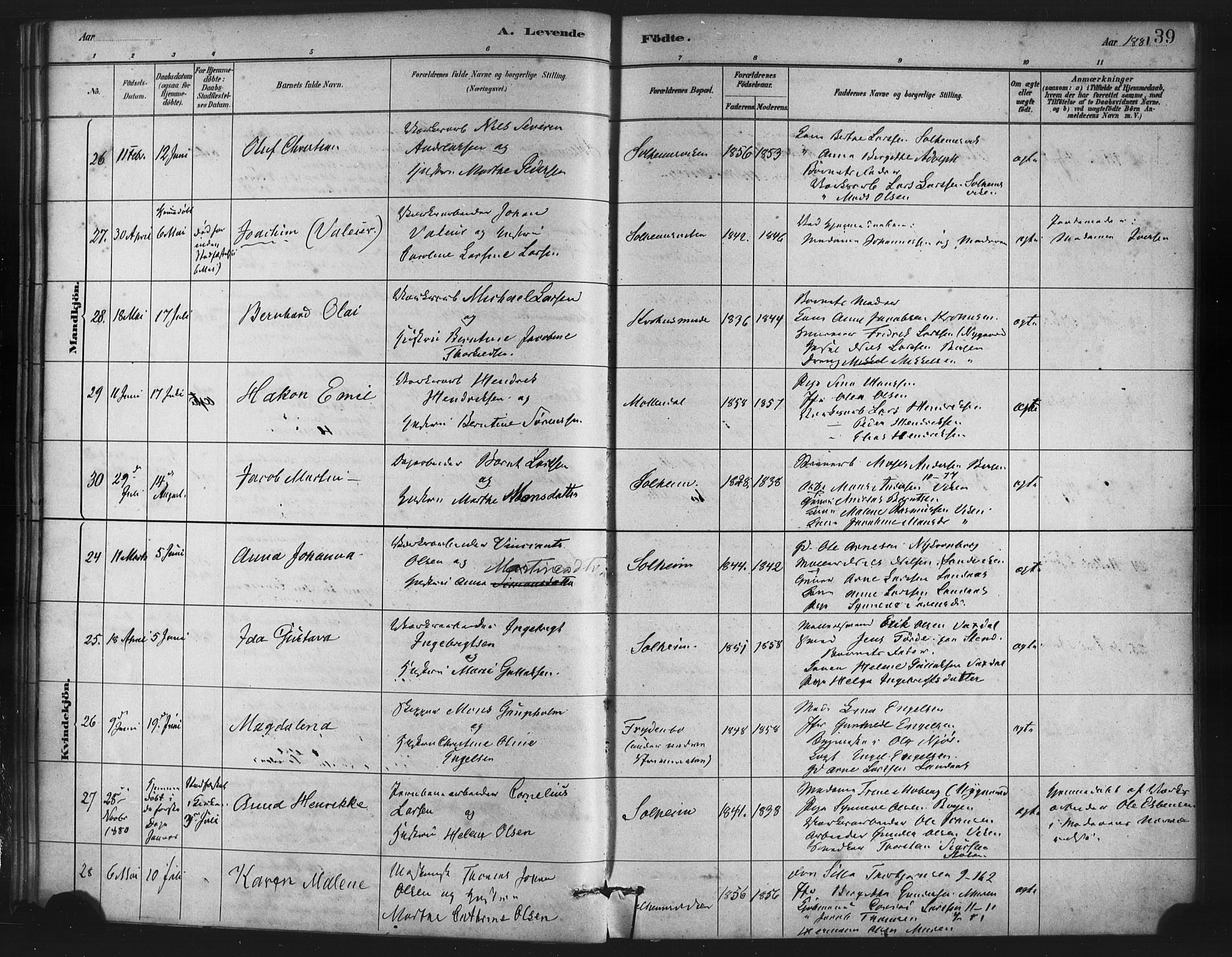 St. Jørgens hospital og Årstad sokneprestembete, AV/SAB-A-99934: Parish register (official) no. A 7, 1879-1886, p. 39