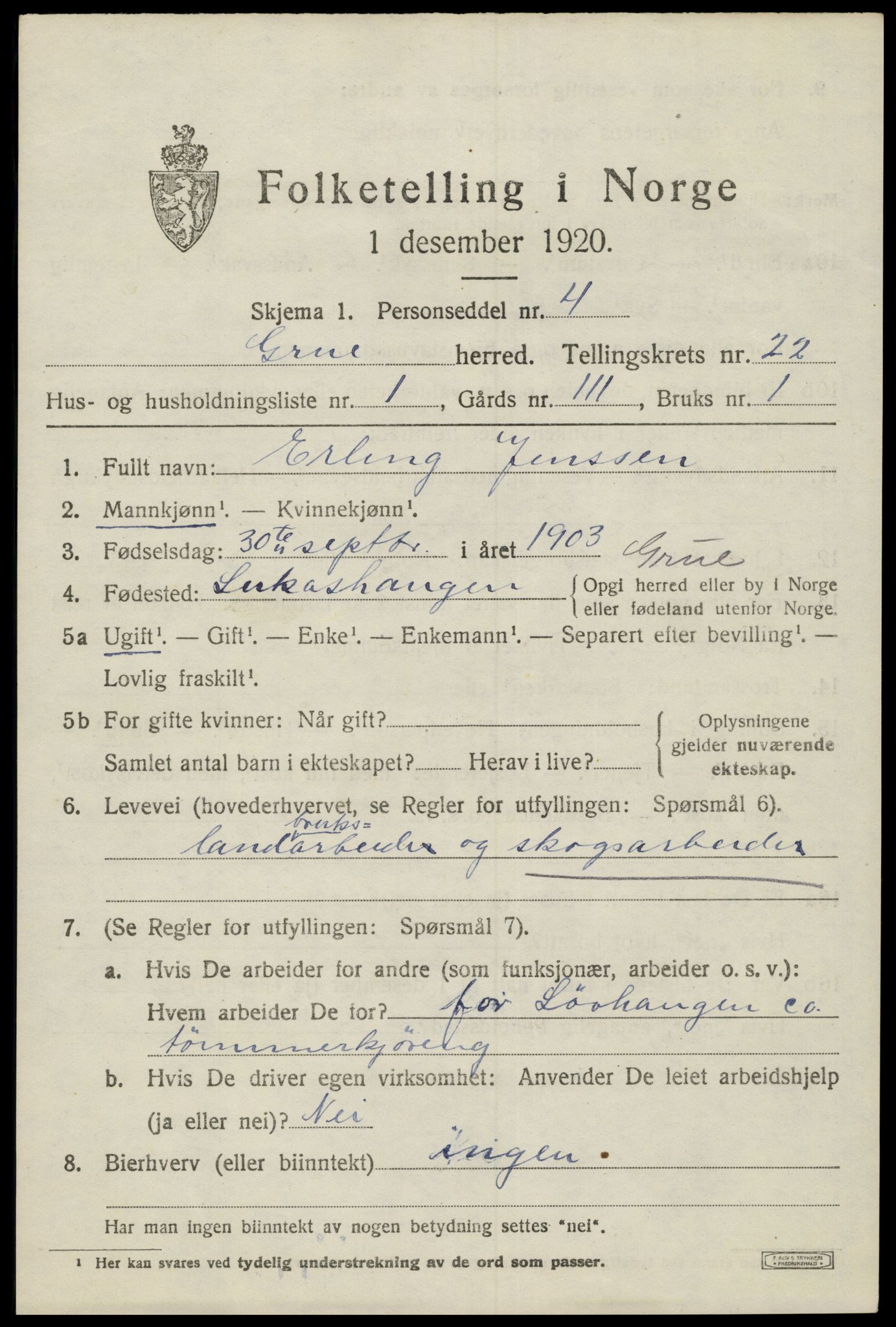 SAH, 1920 census for Grue, 1920, p. 15501