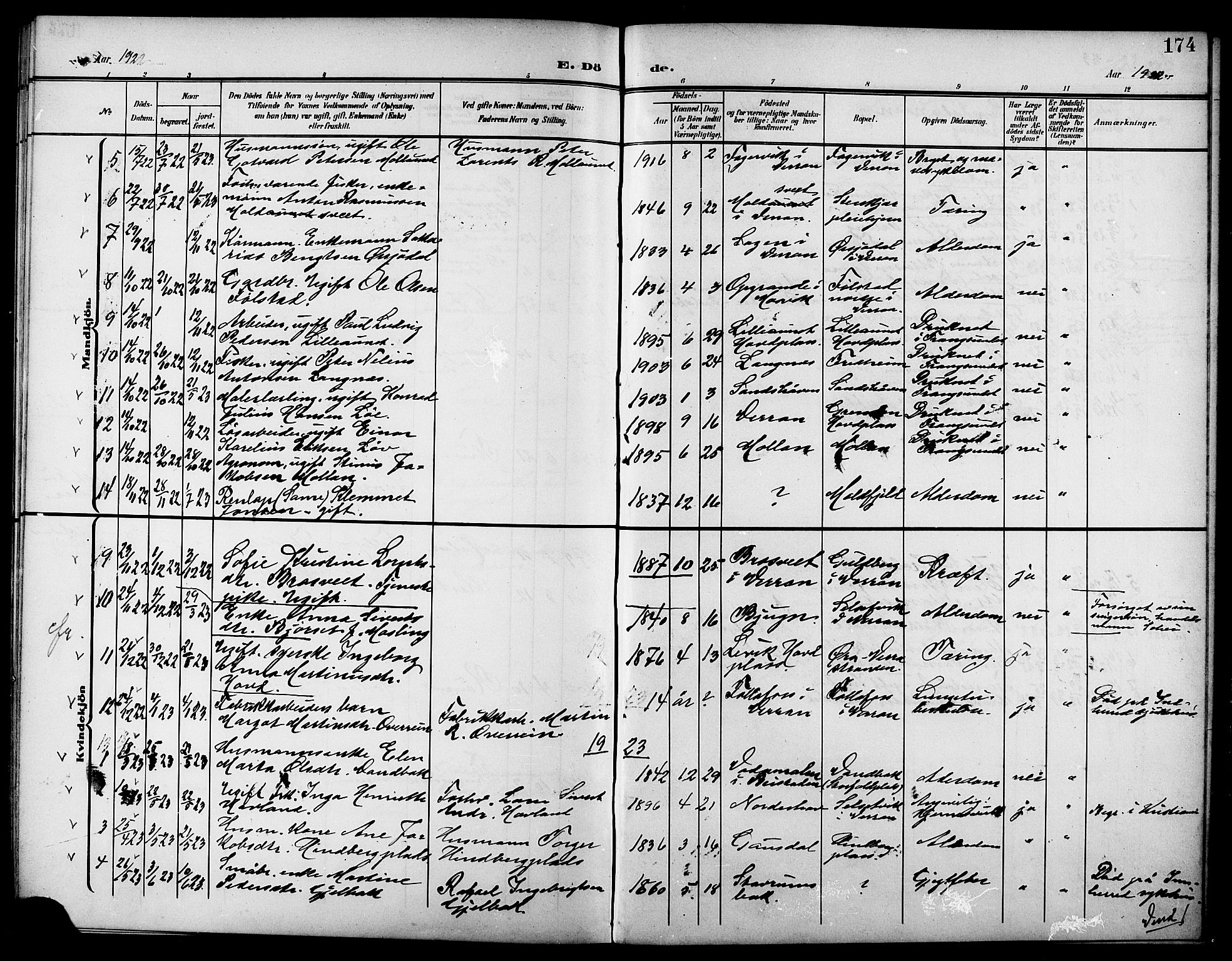 Ministerialprotokoller, klokkerbøker og fødselsregistre - Nord-Trøndelag, SAT/A-1458/744/L0424: Parish register (copy) no. 744C03, 1906-1923, p. 174